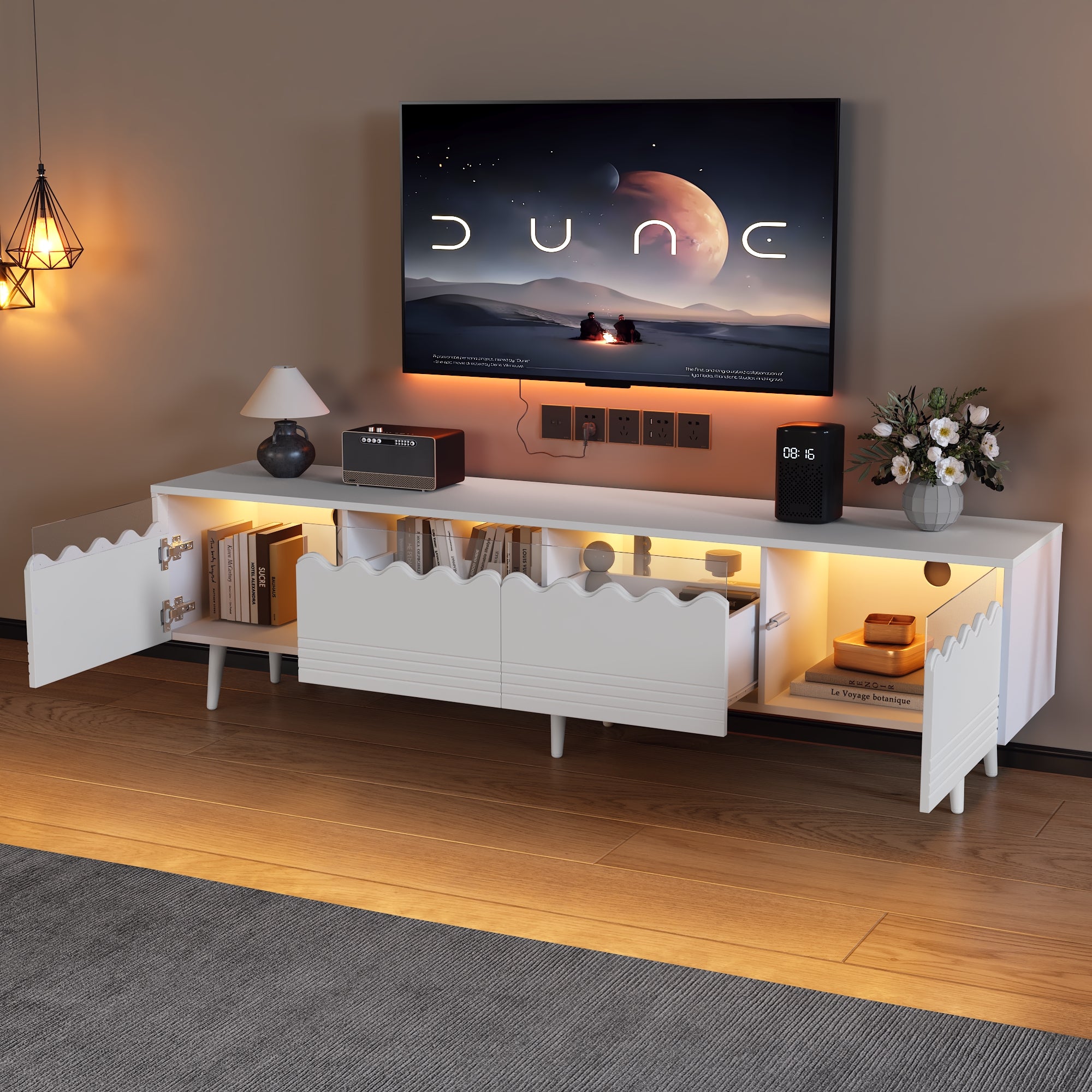TV Stand, 176x38x45cm Lowboard with 2 Drawers & 2 Cabinets for up to 75 inch TVs, White