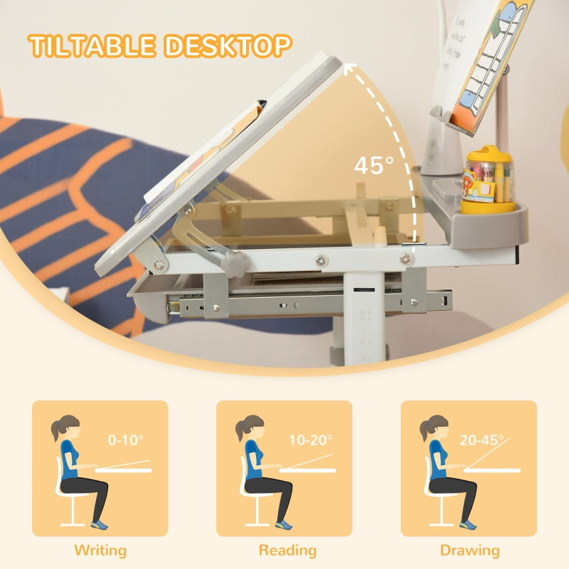 Kids Study Desk and Chair Set: Adjustable Height, Storage, Drawer, Grey