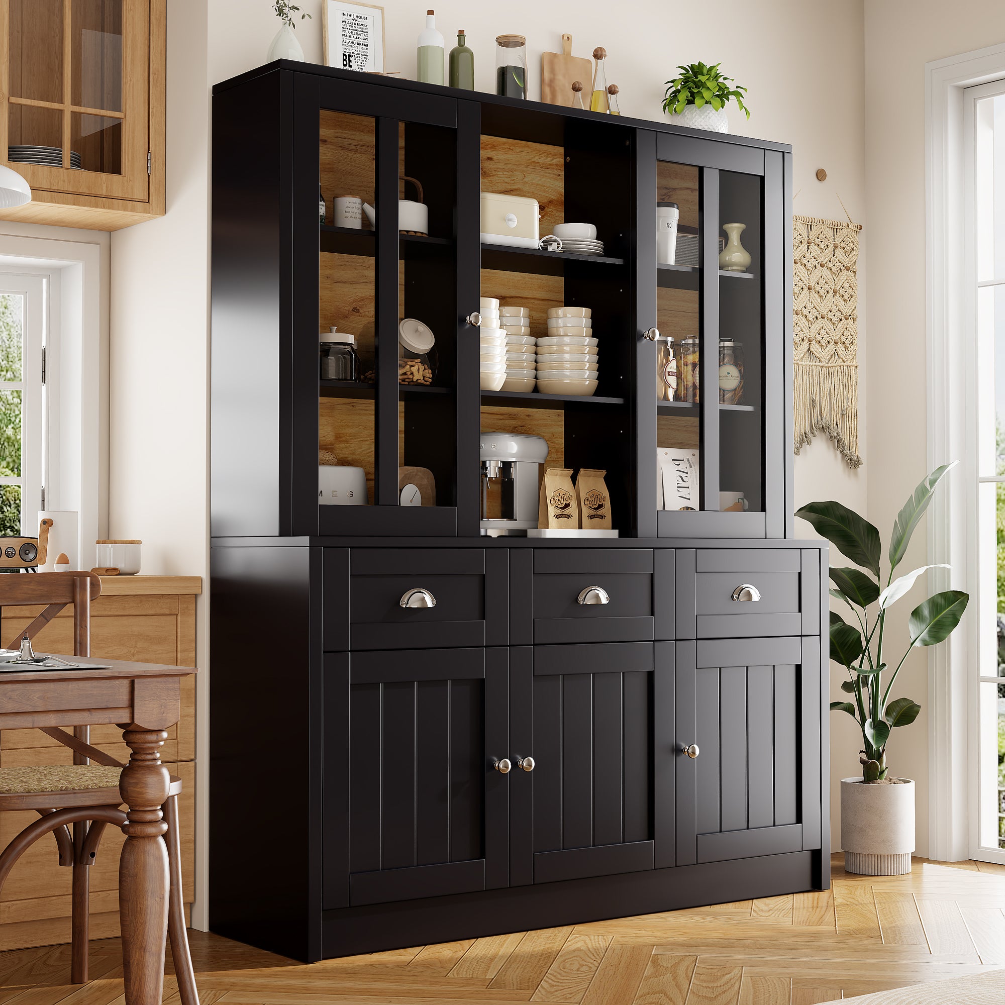 Minimalist Tall Display Cabinet with Drawers and Storage, Black