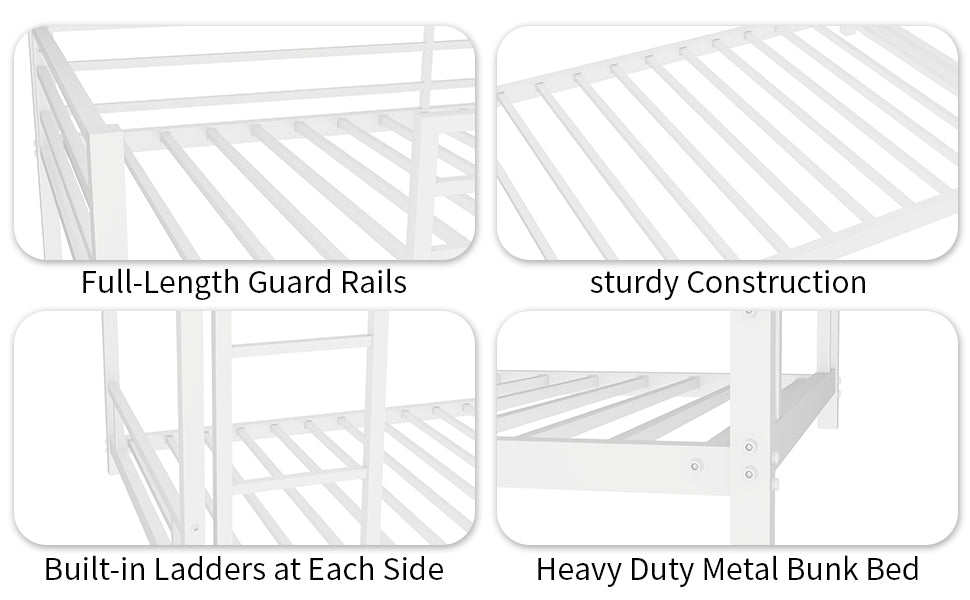 Metal Bunk Bed with Two Single Beds, Safety Railing, Heavy Stable Metal