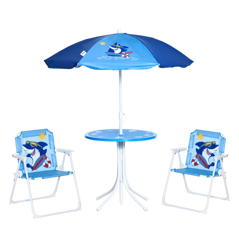 Kids Outdoor Bistro Table and Chair Set, Folding Shark Design Sun Umbrella, Blue