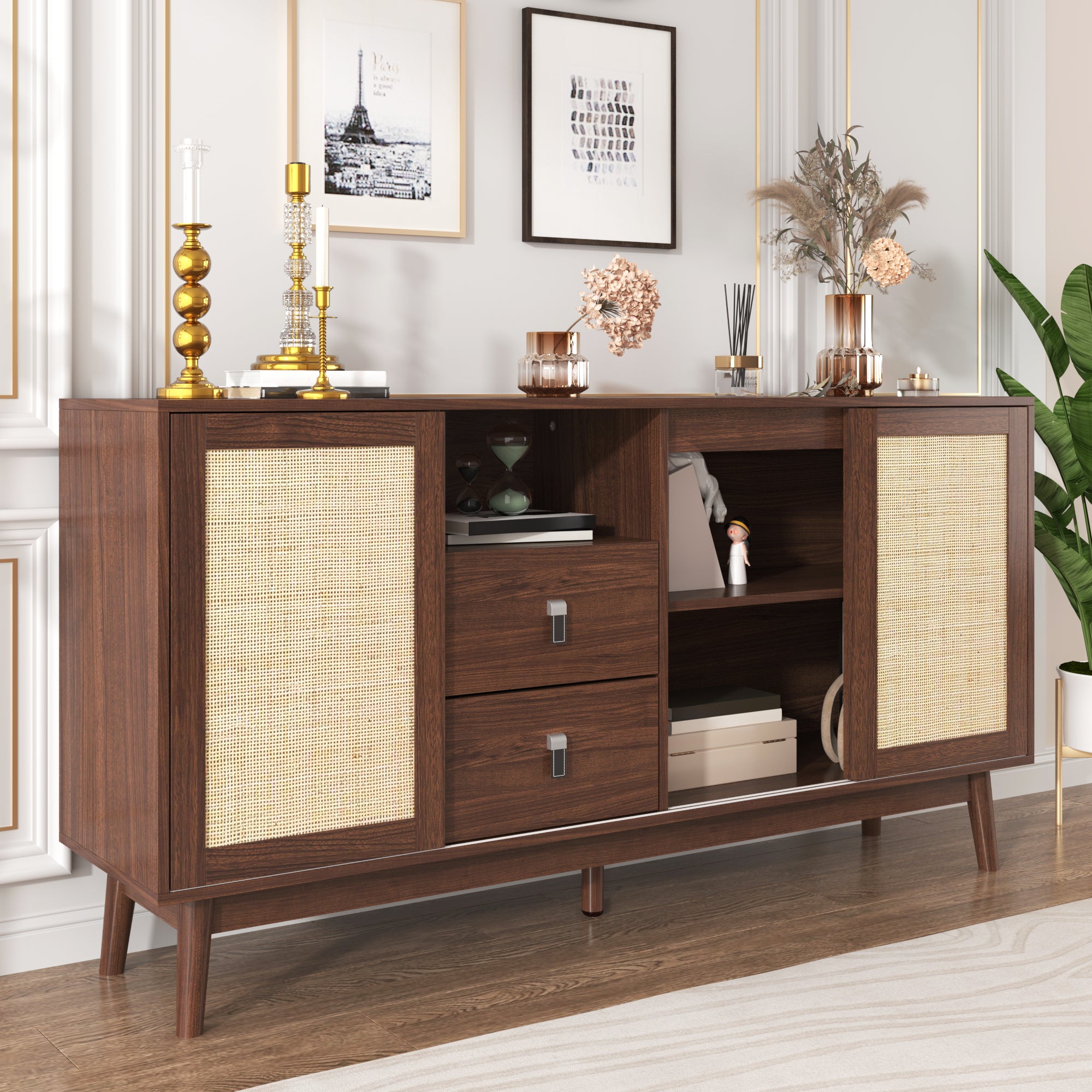 Sideboard, 3 Sliding Rattan Doors, 2 Drawers, Dark Wood