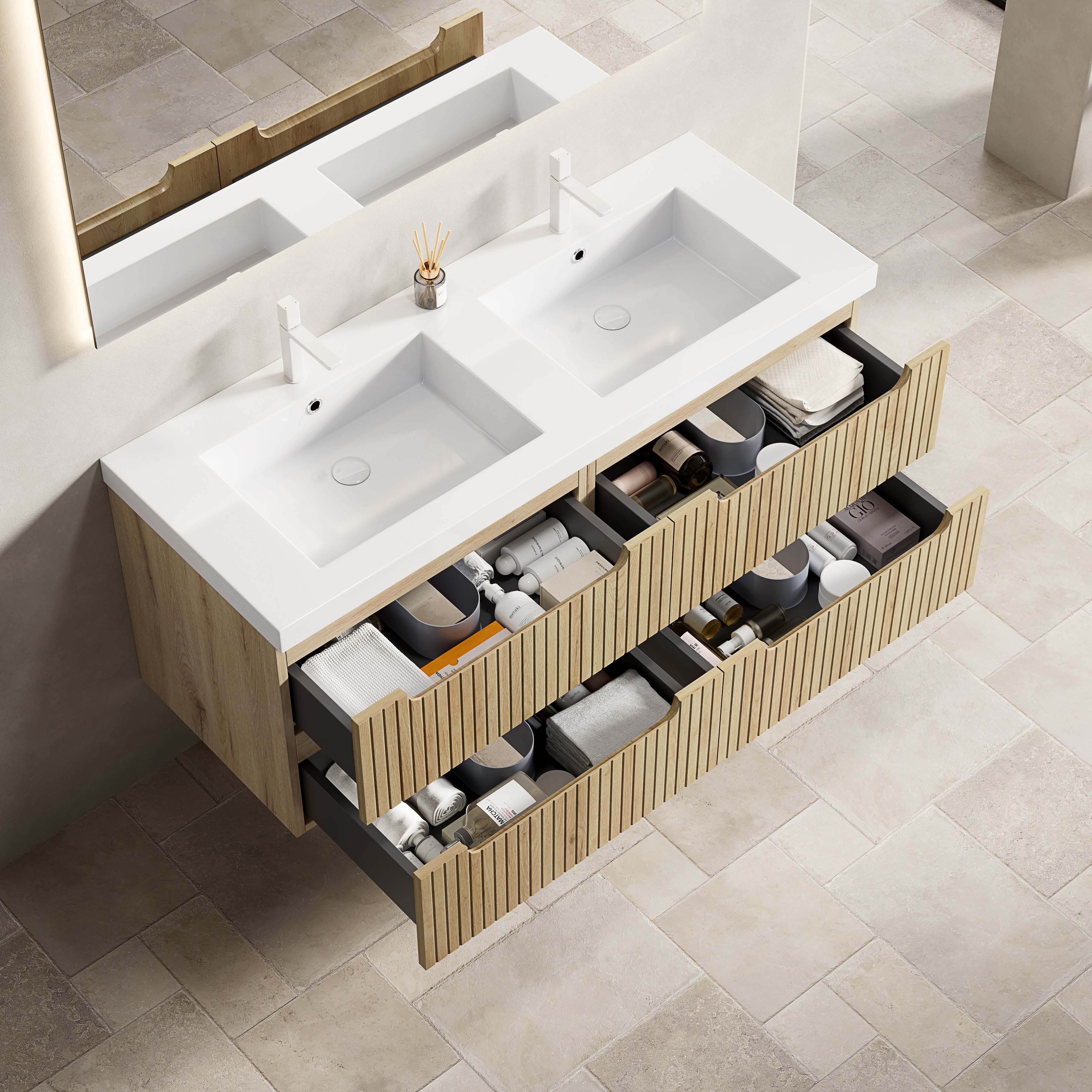 Floating Bathroom Vanity Unit with 2 Undermount Sinks and 4 Drawers, White Oak Wood Grain