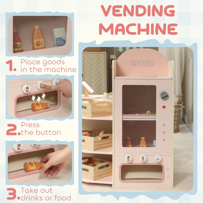 Kids Grocery Store Playset with Cash Register, Vending Machine, and Display Shelves, Pink MDF