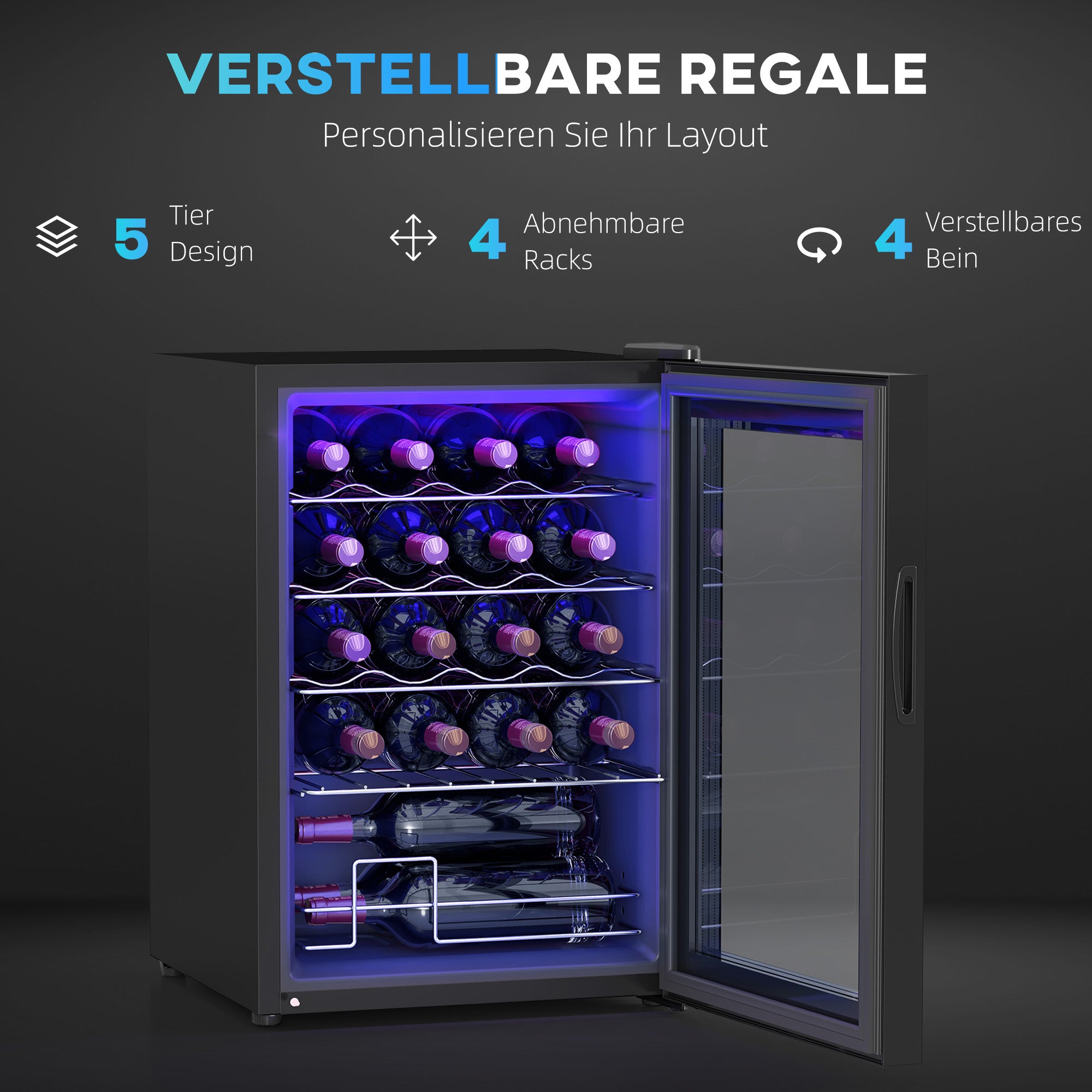 Wine Cooler 20 Bottle 53L 5-18°C Compressor Anti-UV LED Touch Screen, Black