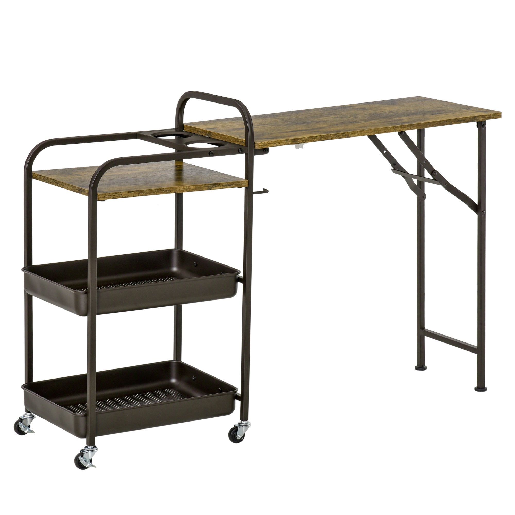 Kitchen Trolley with Folding Table Top, 2 Trays, Wheels, and Adjustable Foot Pads, Metal