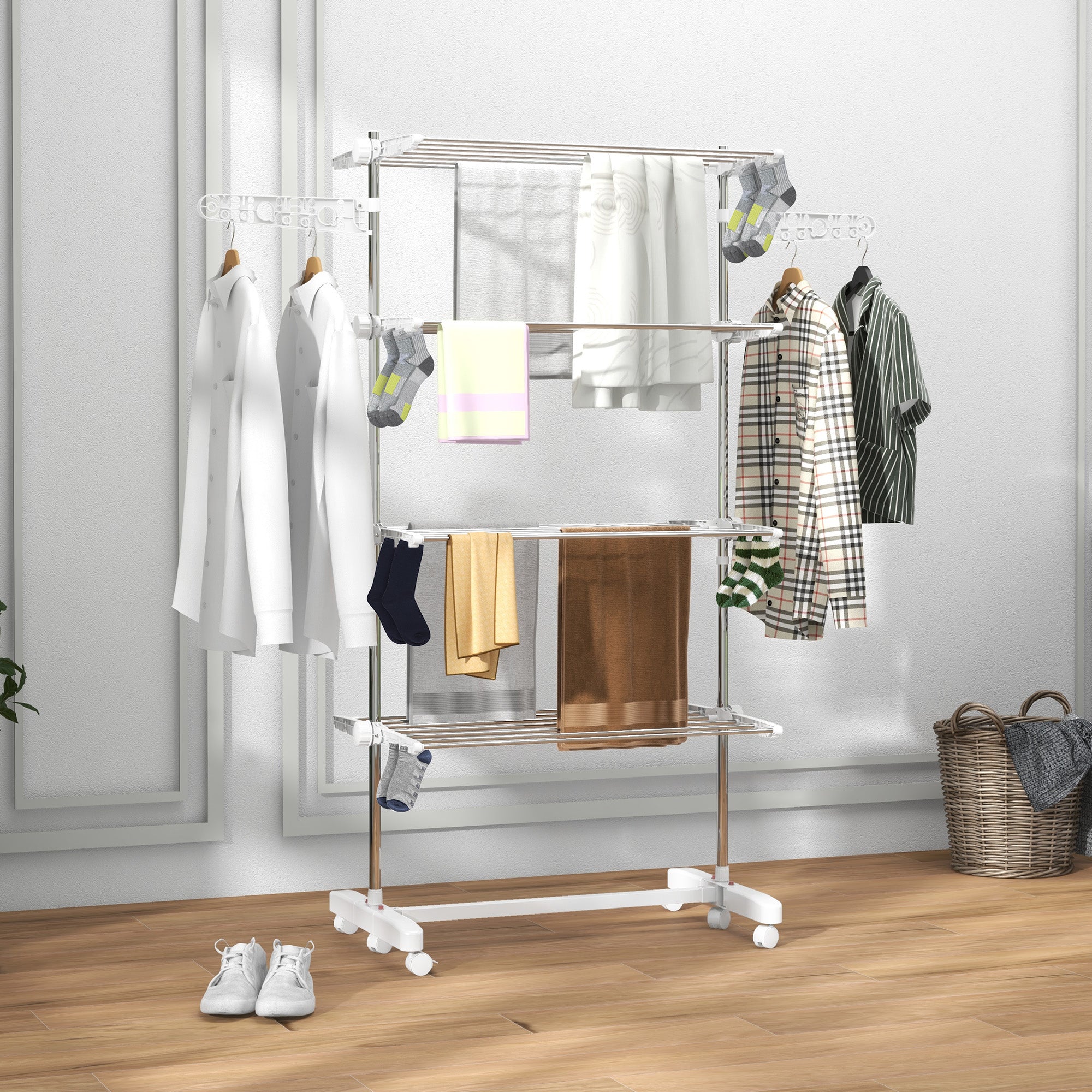 Mobile Clothes Airer, Foldable 4 Levels with Wheels, White ABS