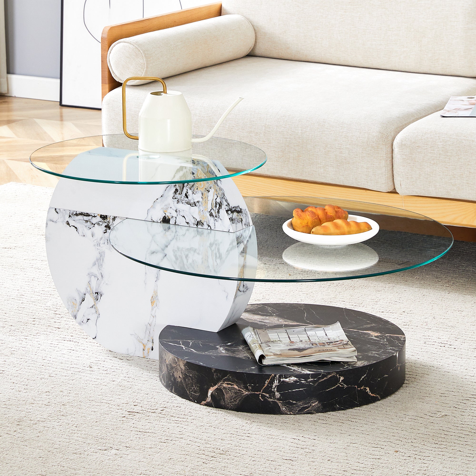 Coffee Table Modern Minimalist Two-Tiered Safety Glass Black and White Marble Effect