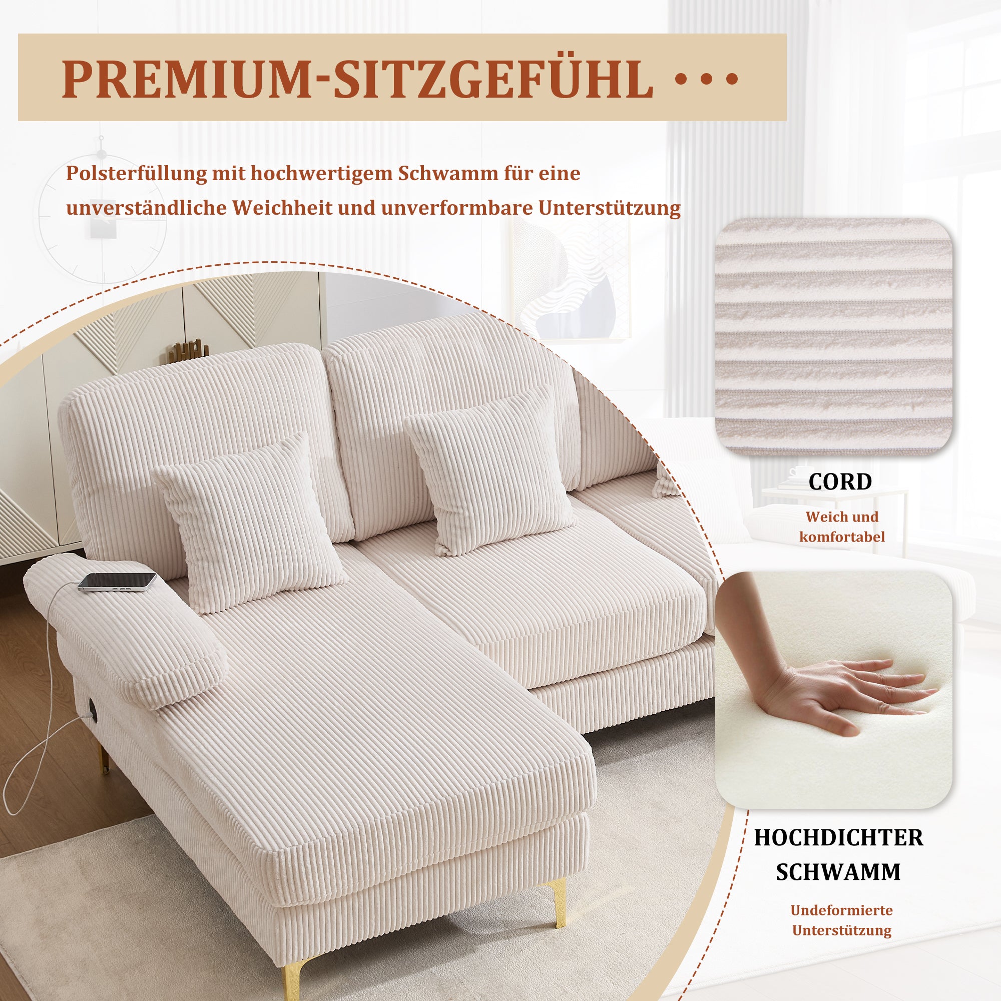 U-shaped Sofa, LED Ambient Lighting, USB-C Port, Solid Wood Frame, Beige