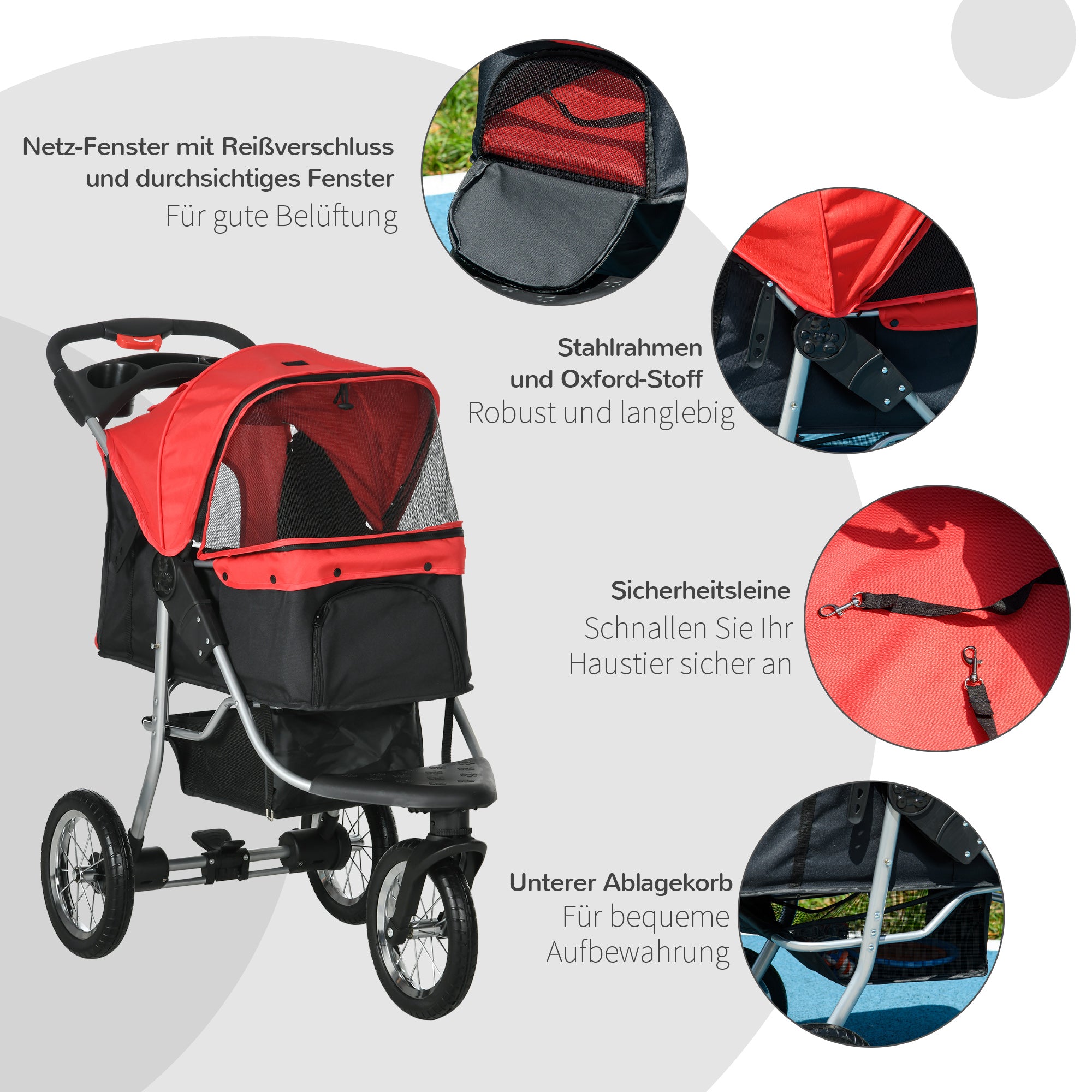 Dog & Cat Pet Stroller, Foldable 3 Wheels, Oxford Red Black
