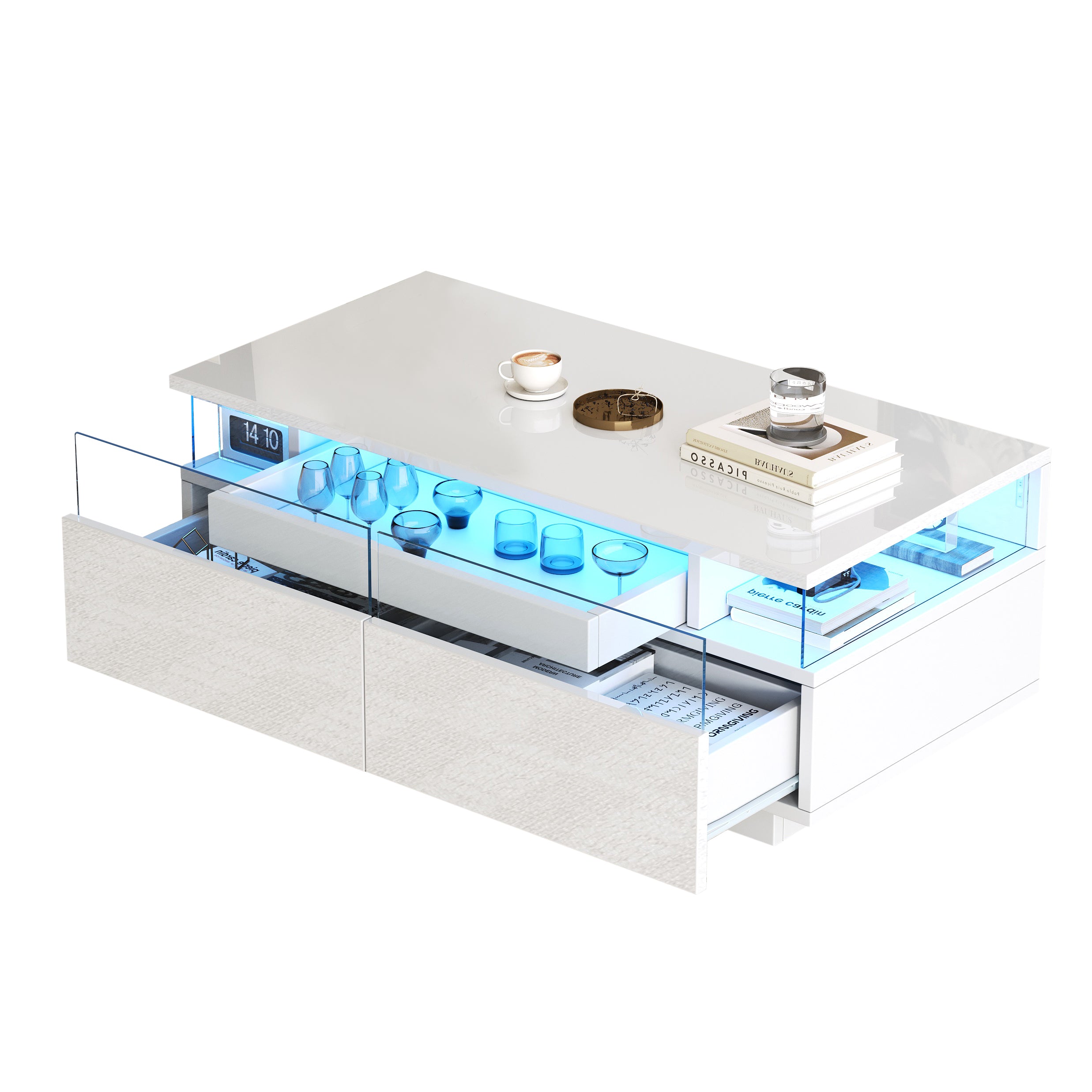 Coffee Table with Tray, 90 x 45 x 35.5 cm, 2 Drawers, Tempered Glass, LED Light, White