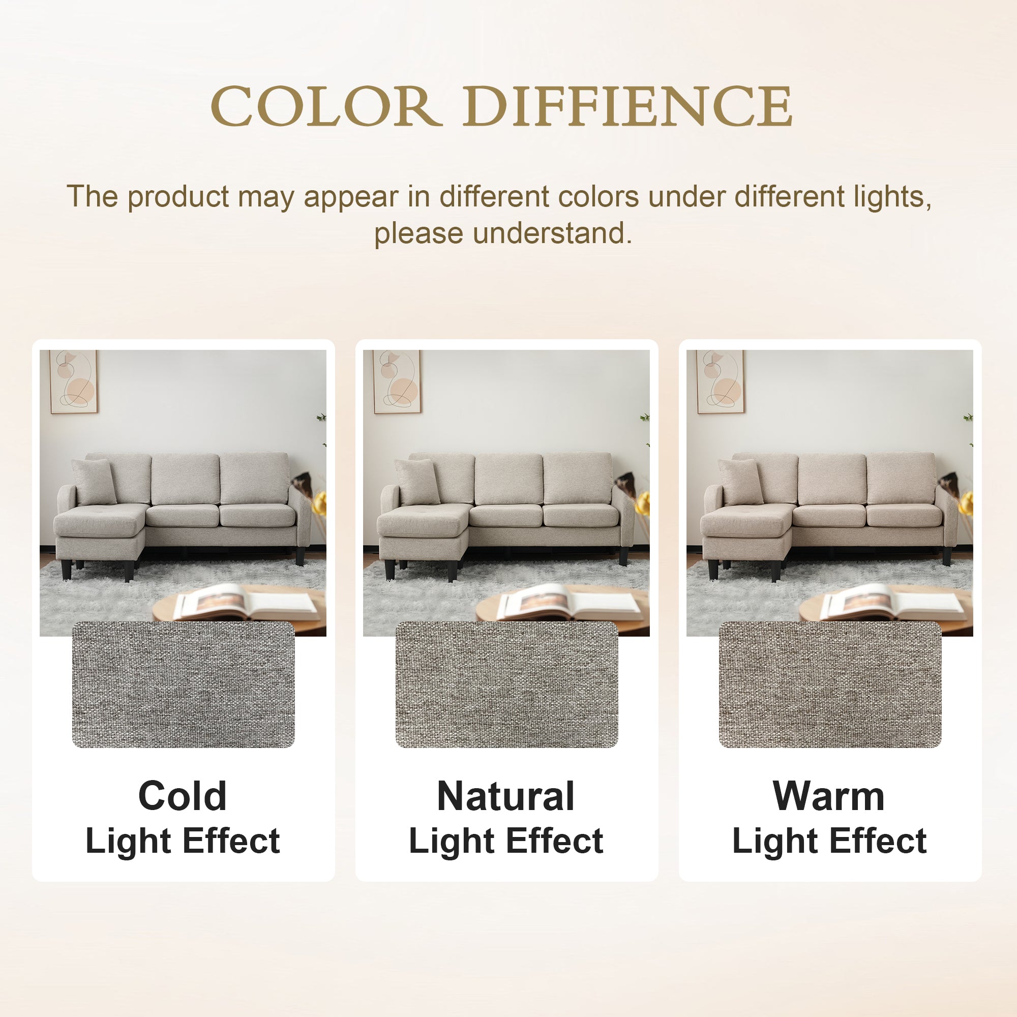 L-shaped Corner Sofa with Chaise Lounge, 3-Seater Modular Design, Cotton-Linen Fabric