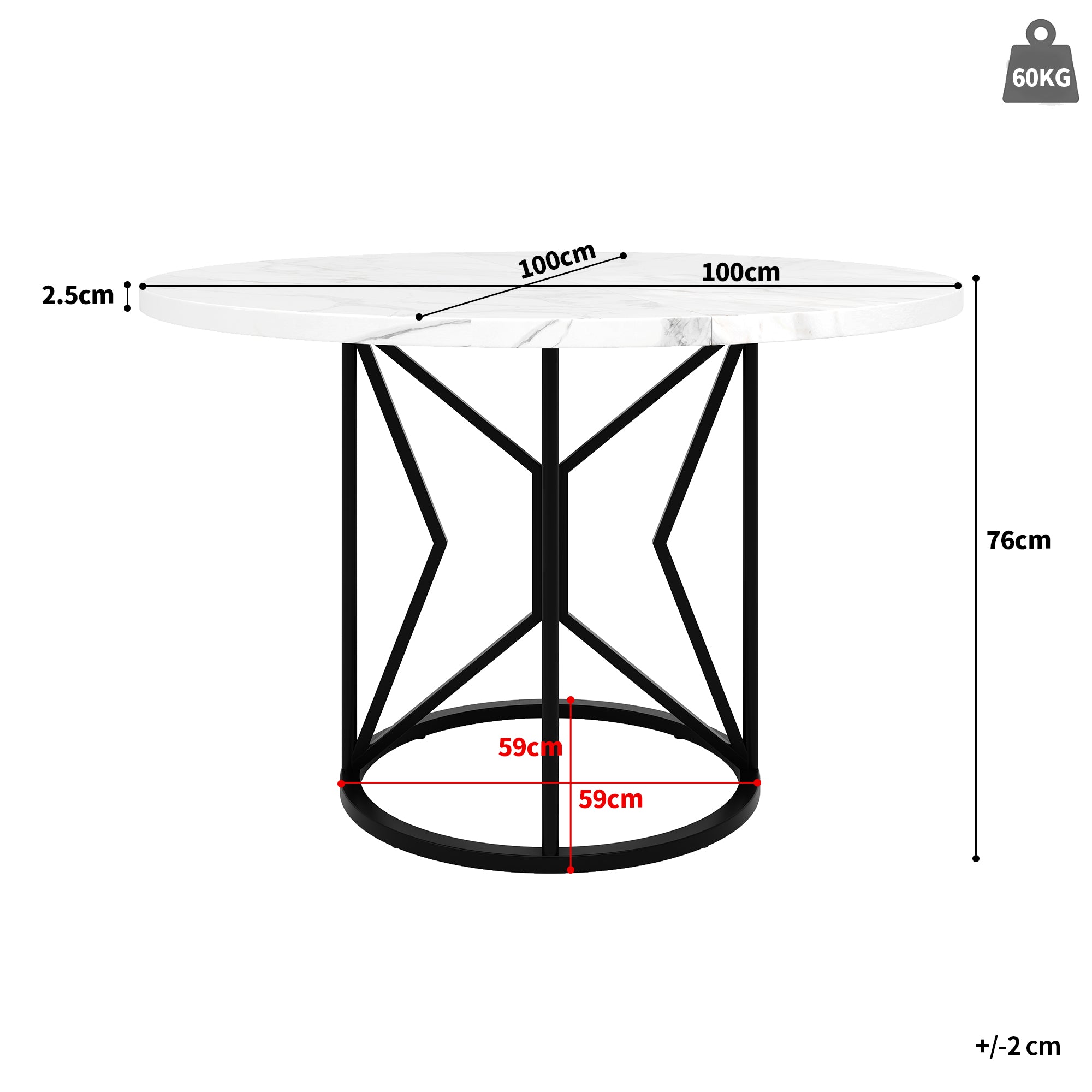 Round Dining Table 100cm 4-6 Seater Metal Geometric Legs - Black