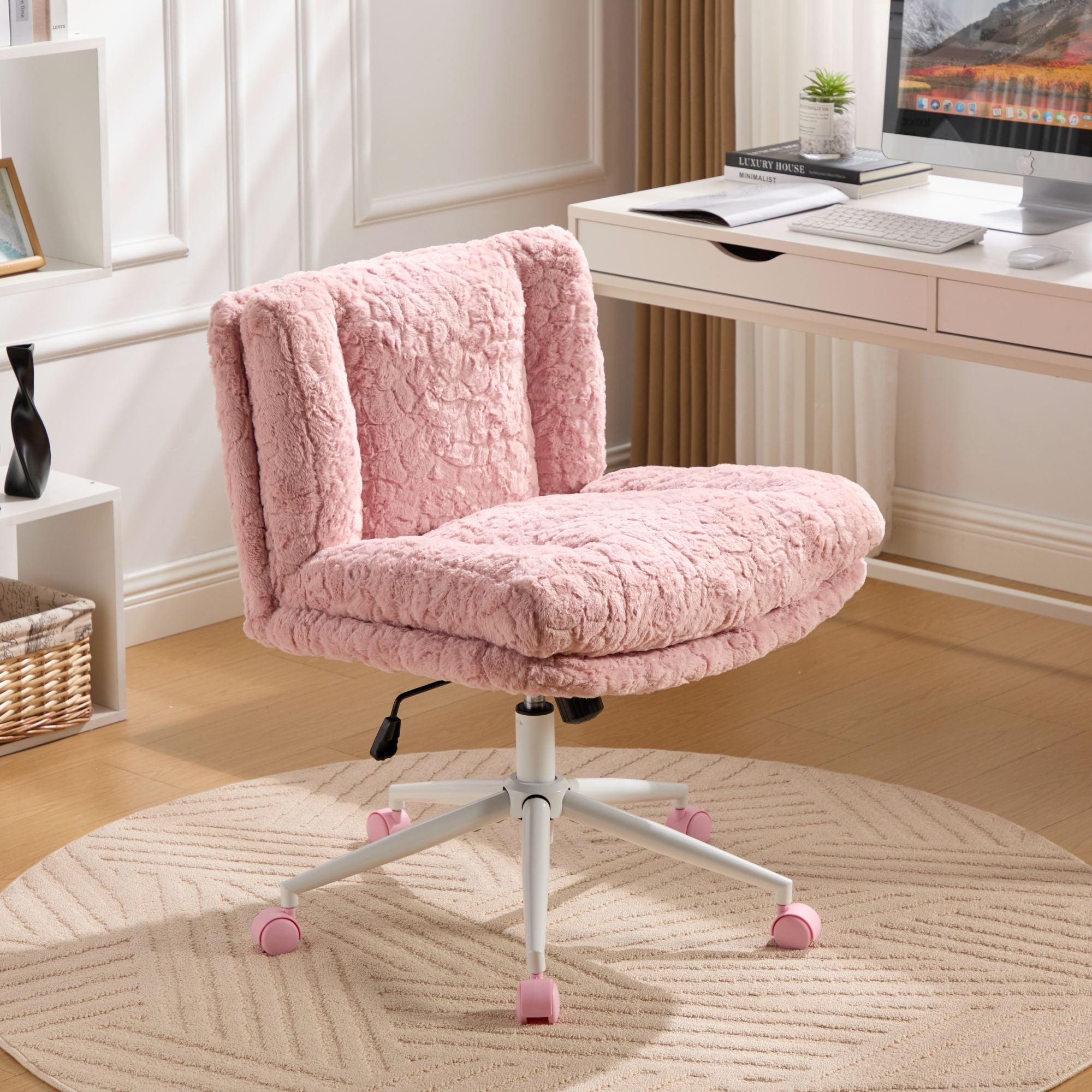 Wider Seat Office Chair with Swivel Adjustable Metal Base, Pink Artificial Rabbit Hair