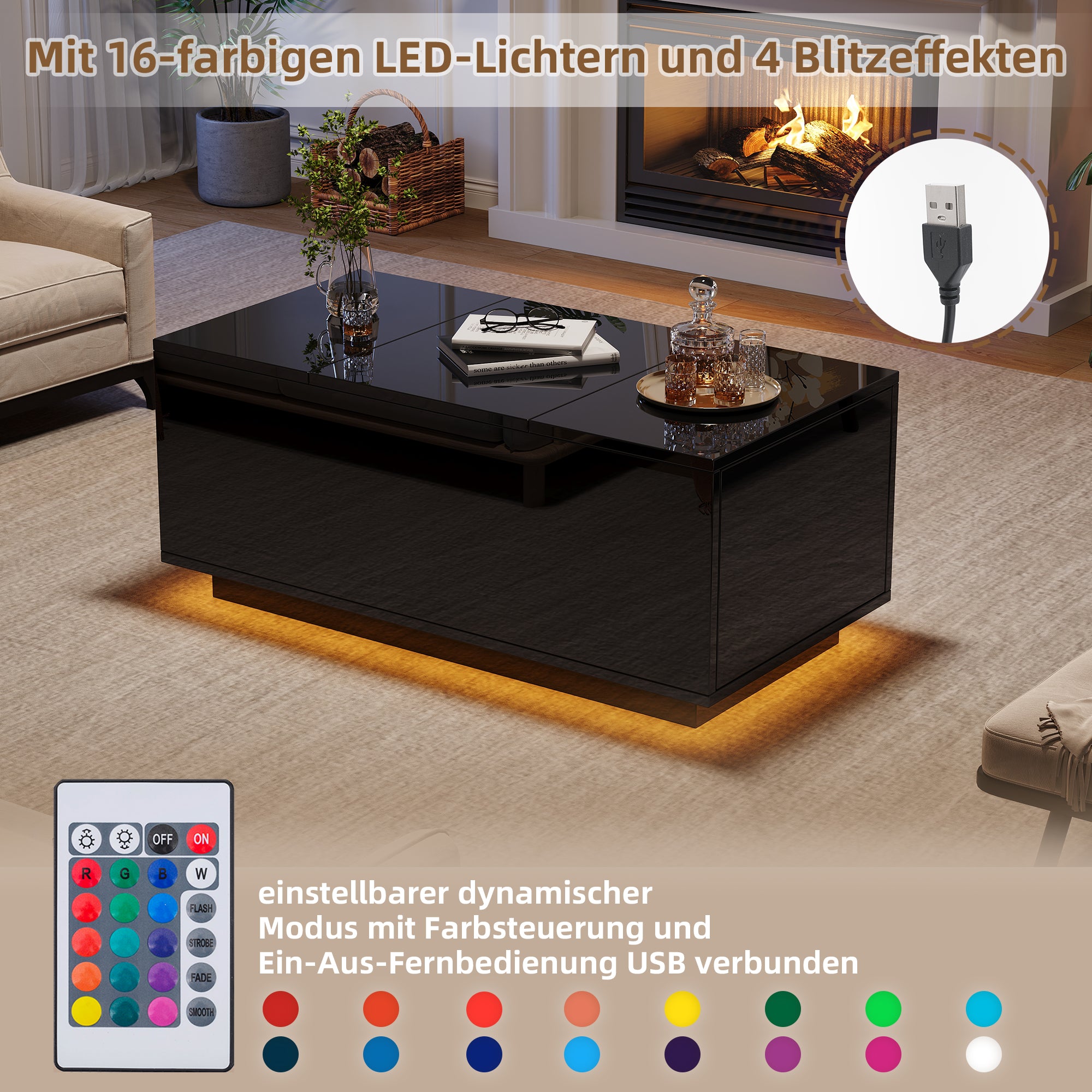 Coffee Table 95x48x40cm with Lift-Top, 2 Drawers, LED, Black