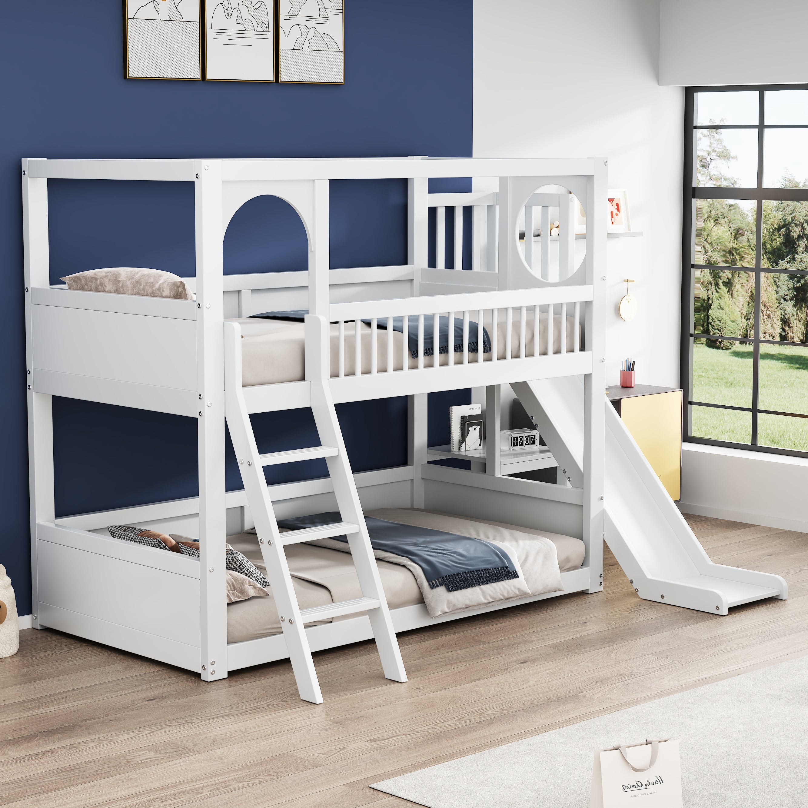 Children's Bunk Bed Double Multifunctional with Slide and Shelves 90x200 White