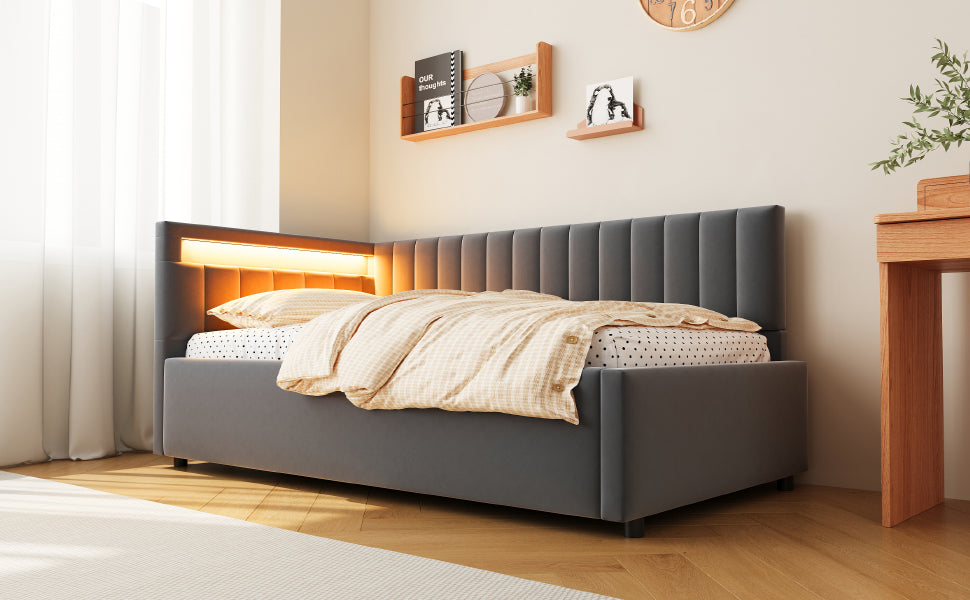 Upholstered Sofa Bed 90x200, with LED & Hydraulic Storage, Velvet Grey