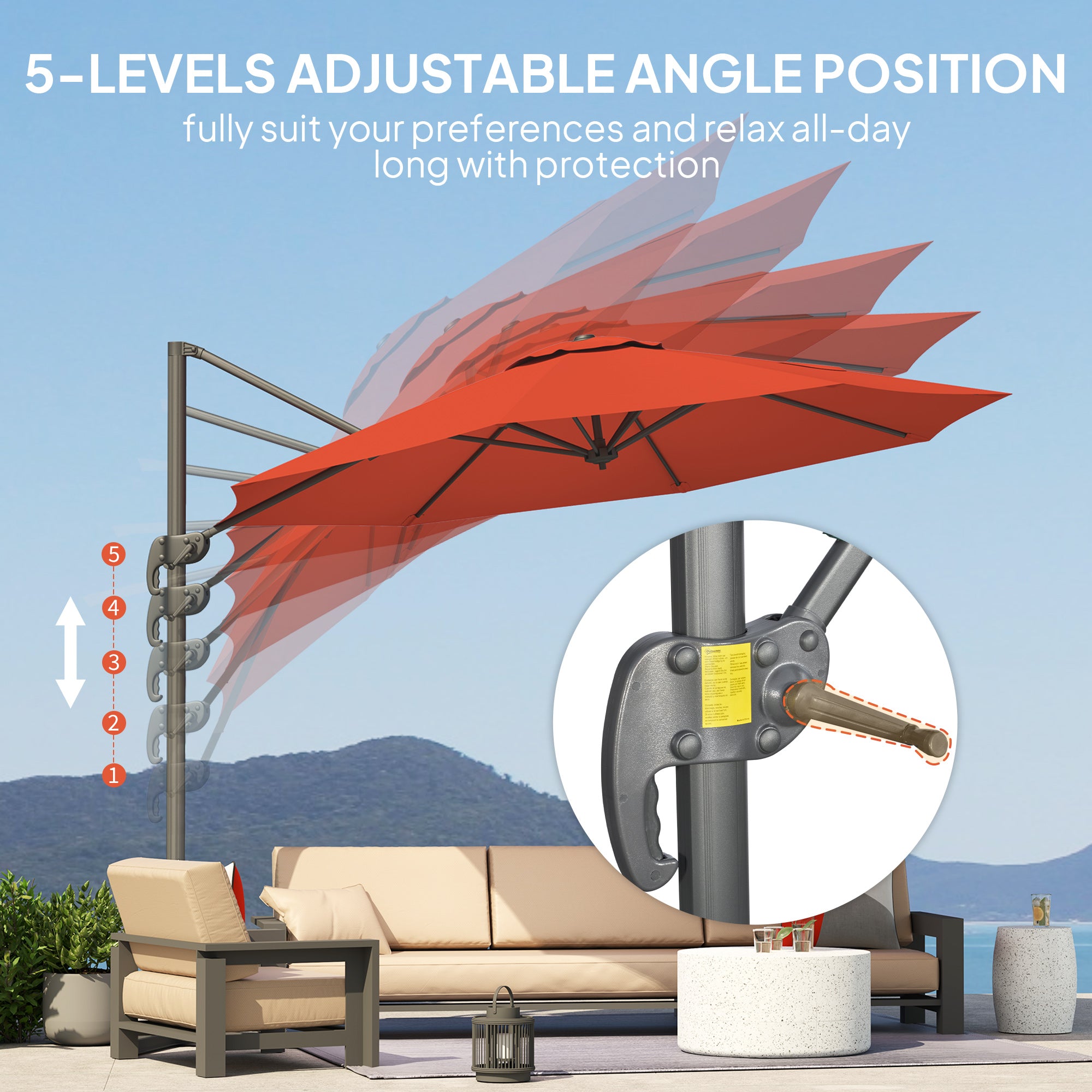 Five-Position Overhanging Parasol, Five-Position Tilting Canopy, Orange
