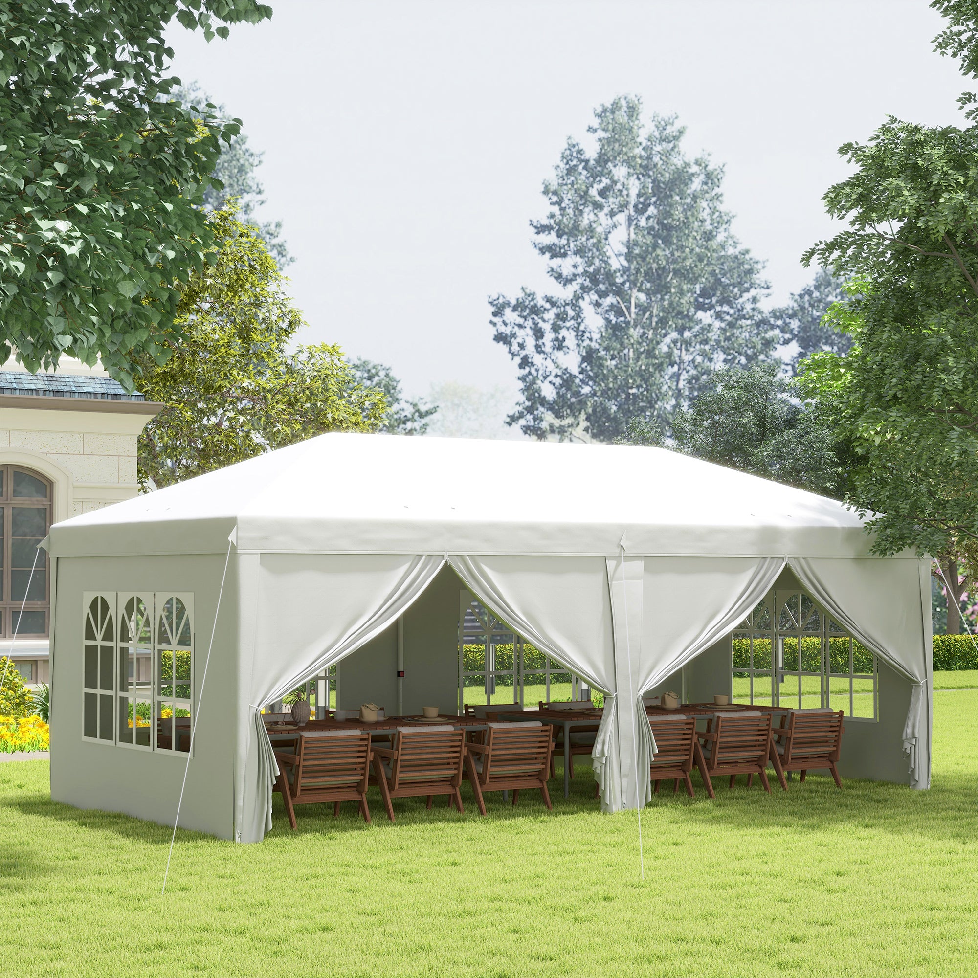 Garden Pop Up Gazebo, 3x6m Wedding Party Tent Marquee with Sidewalls, Windows, Carry Bag, White