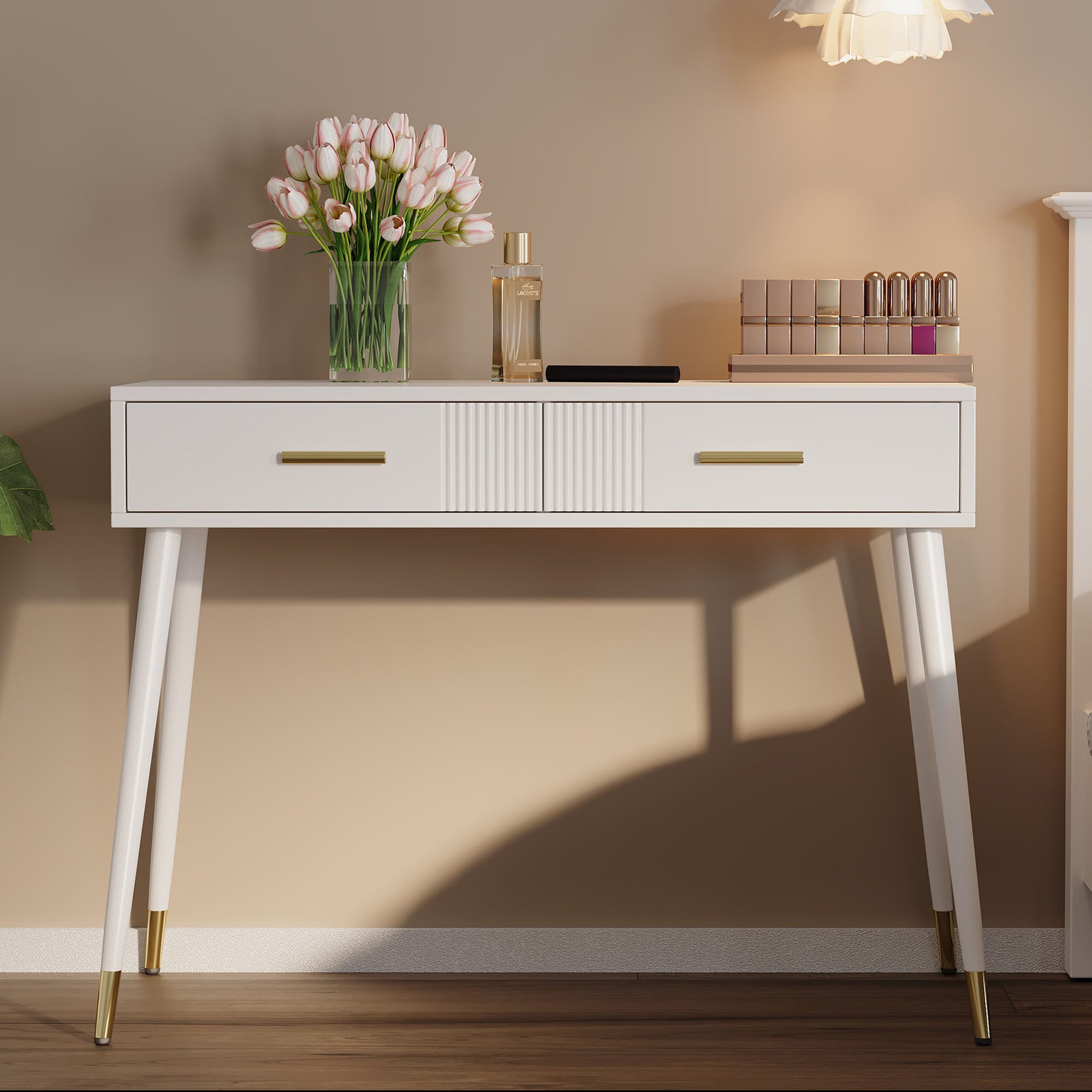 Dressing Table with 2 Drawers, Metal Feet, White