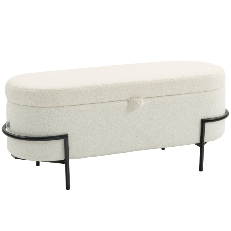 Storage Stool Ottoman with Lid, Steel Legs, Fleece Cover, Cream White