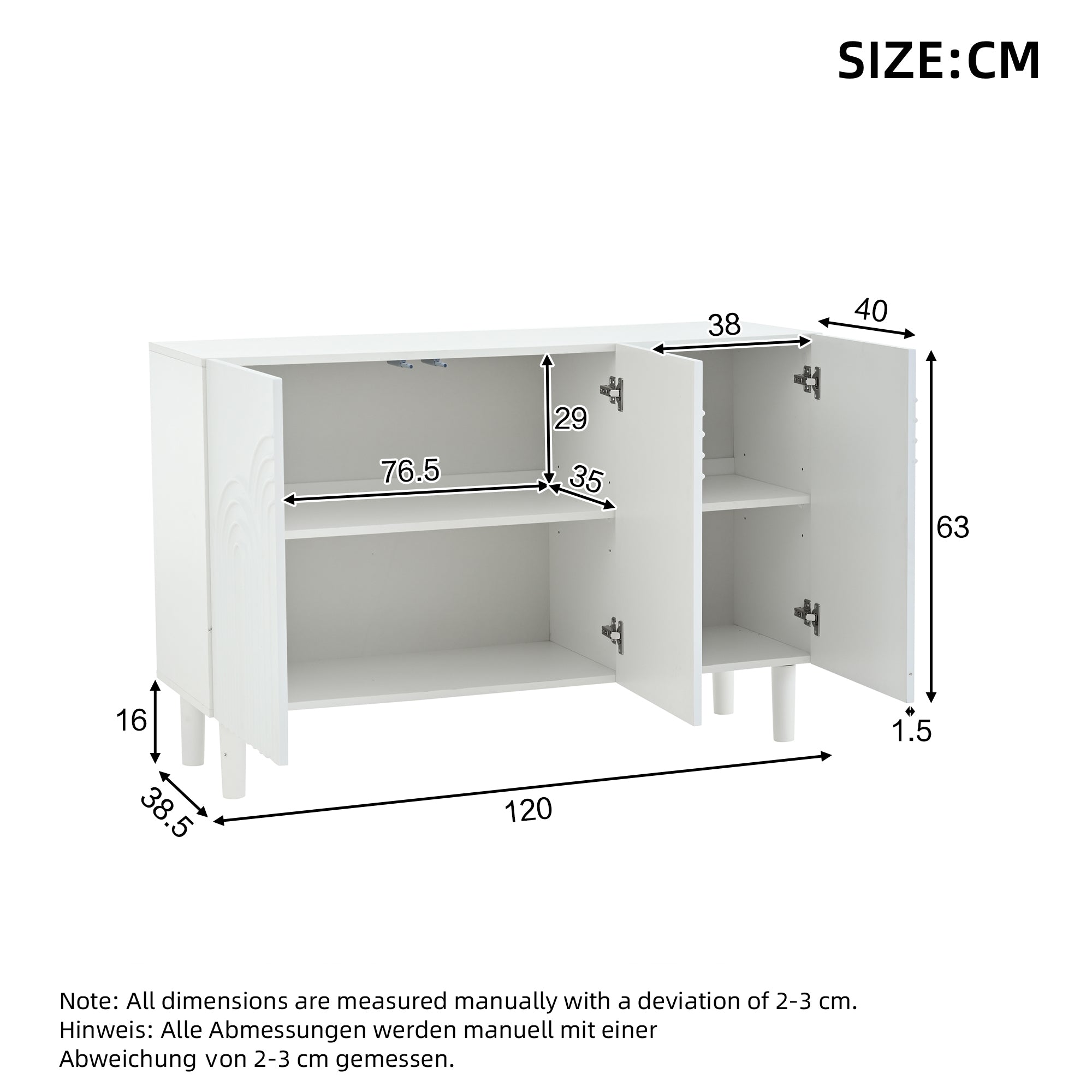 Sideboard Cabinet, 3 Doors Large Storage Adjustable Divider, White MDF