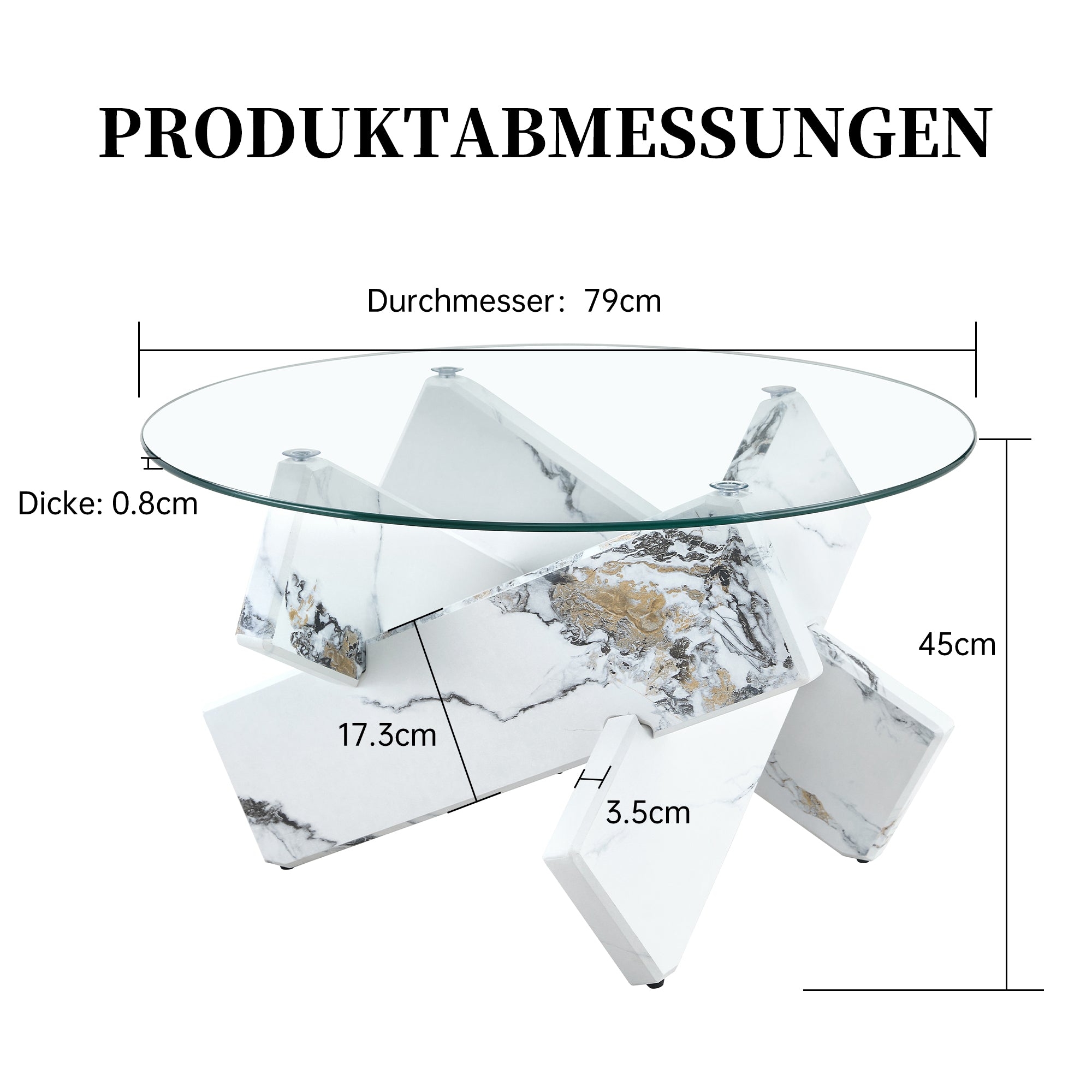 Round Coffee Table Glass Top 79cm Marble Look Legs - Multi-color
