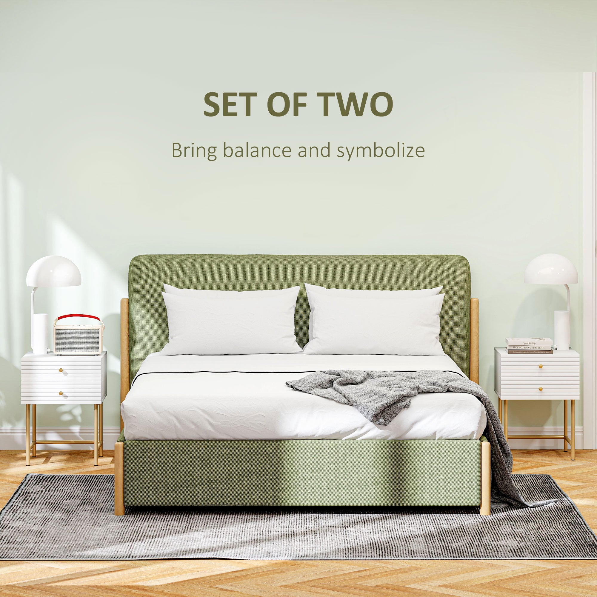 Set of Two Bedside Tables, Elegant Two-Drawer Storage, White/Gold-Tone