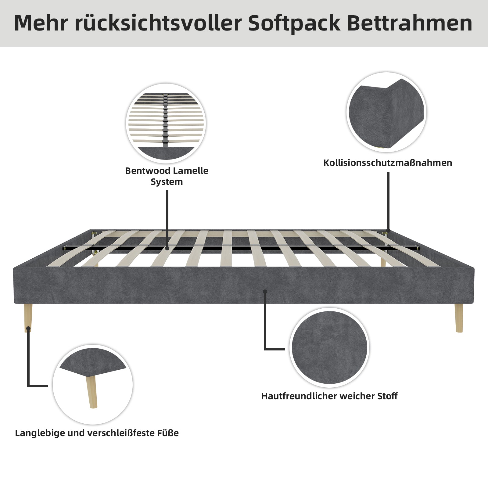 Modern Minimalist Bed Frame, 160x200 cm Low-Profile, Grey Dutch Velvet Fabric