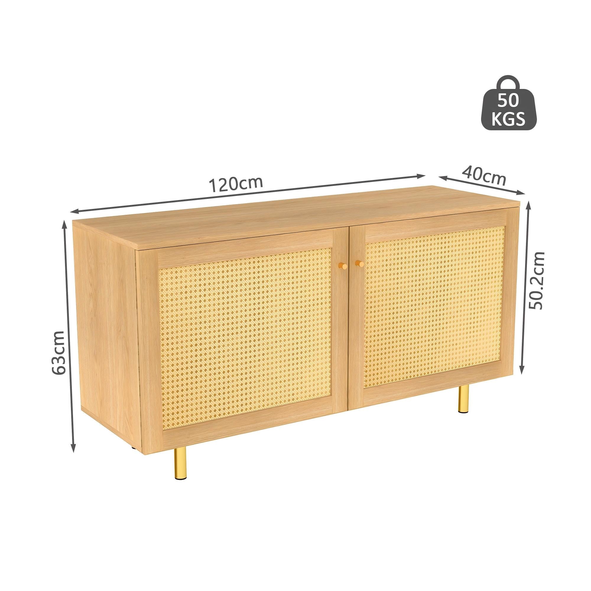 Wicker Sideboard Double-Door Storage Cabinet 120cm Natural Wood Look