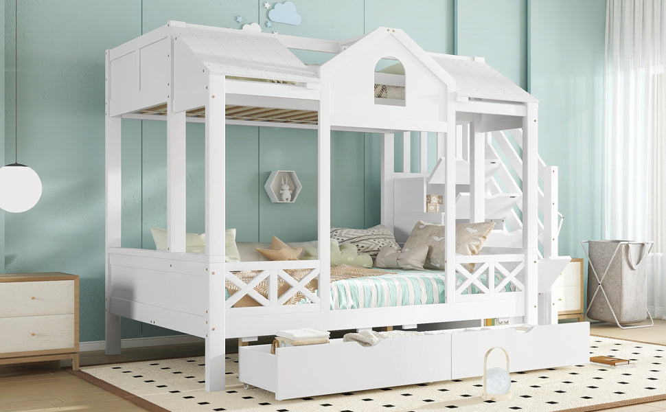 Bunk Bed Children's Storage, Drawers & Stair Cupboard, Pine + MDF + Plywood White