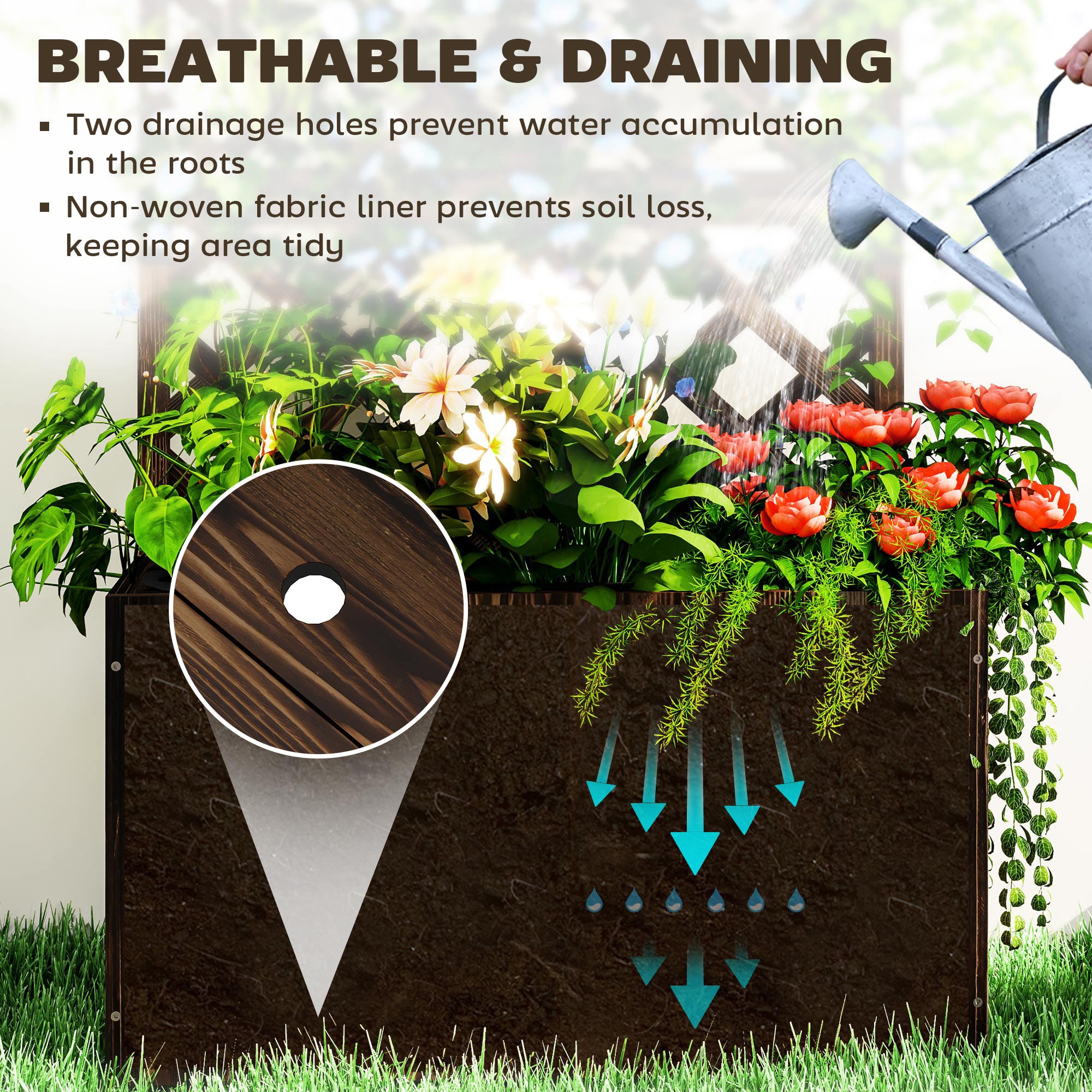 Wooden Planter with Trellis, Raised Garden Bed and Drainage, Carbonised