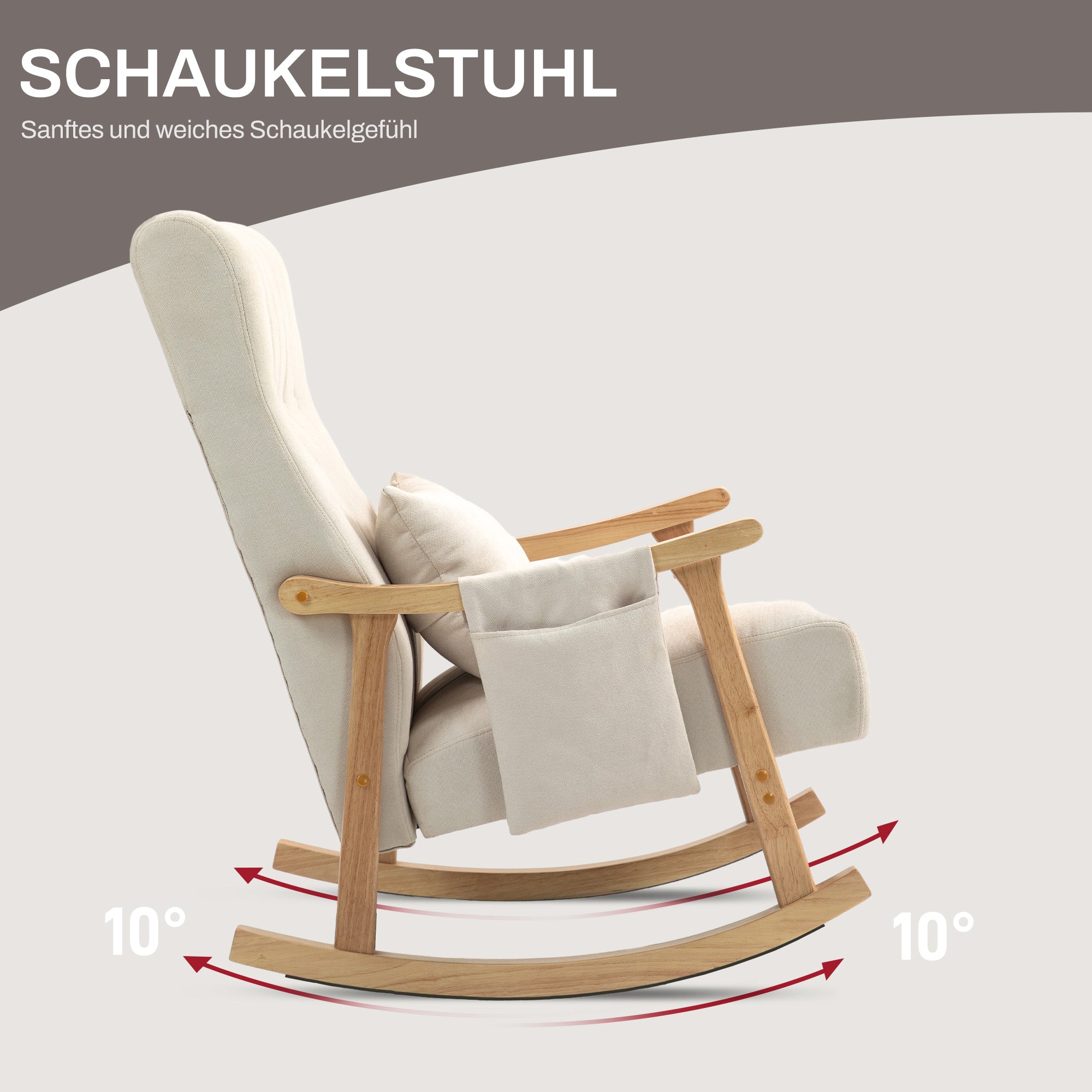 Rocking Chair Padded with Lumbar Cushion Side Pocket Wooden Frame Linen Look Beige
