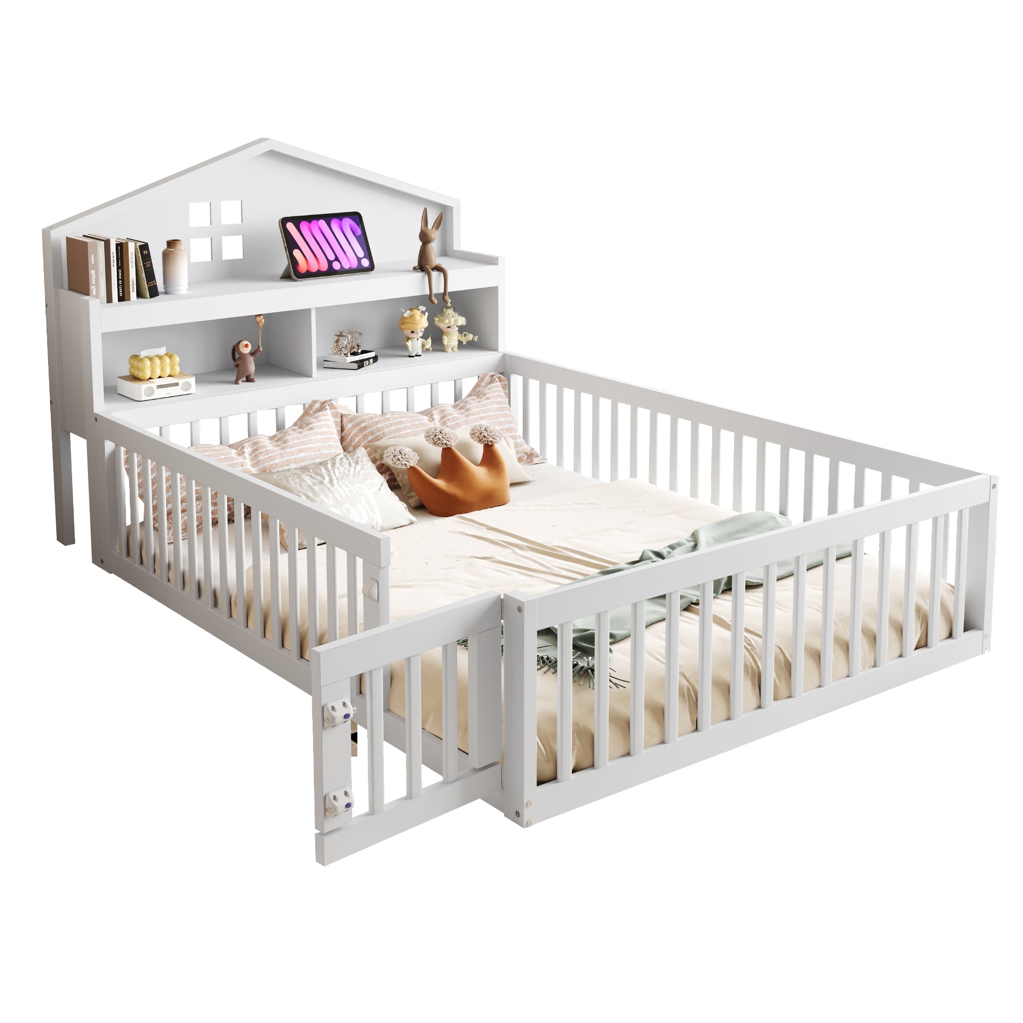 Children's Bed 140x200, Solid Wood House Frame with Shelves & Storage, White