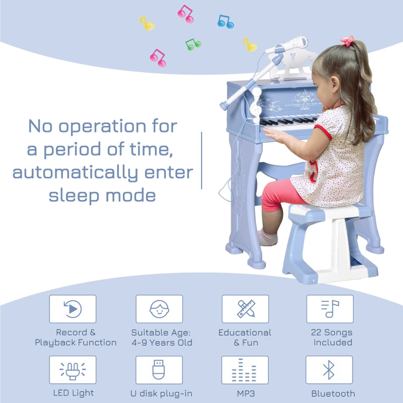 Kids Piano Mini Electronic Keyboard Grand Piano Toy Set with Stool & Microphone - Blue