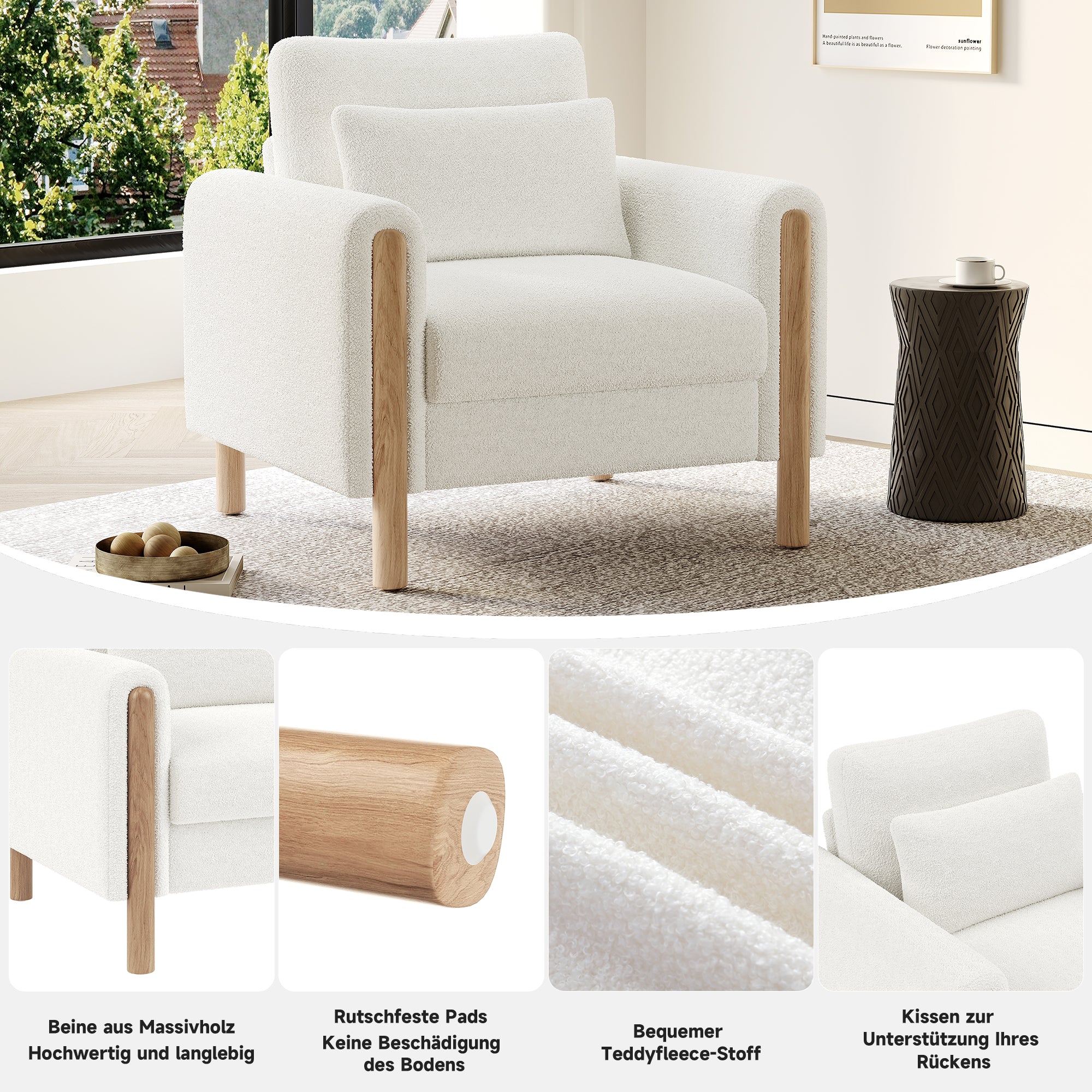 Armchair, Thick Cushion & Soft Upholstery, White