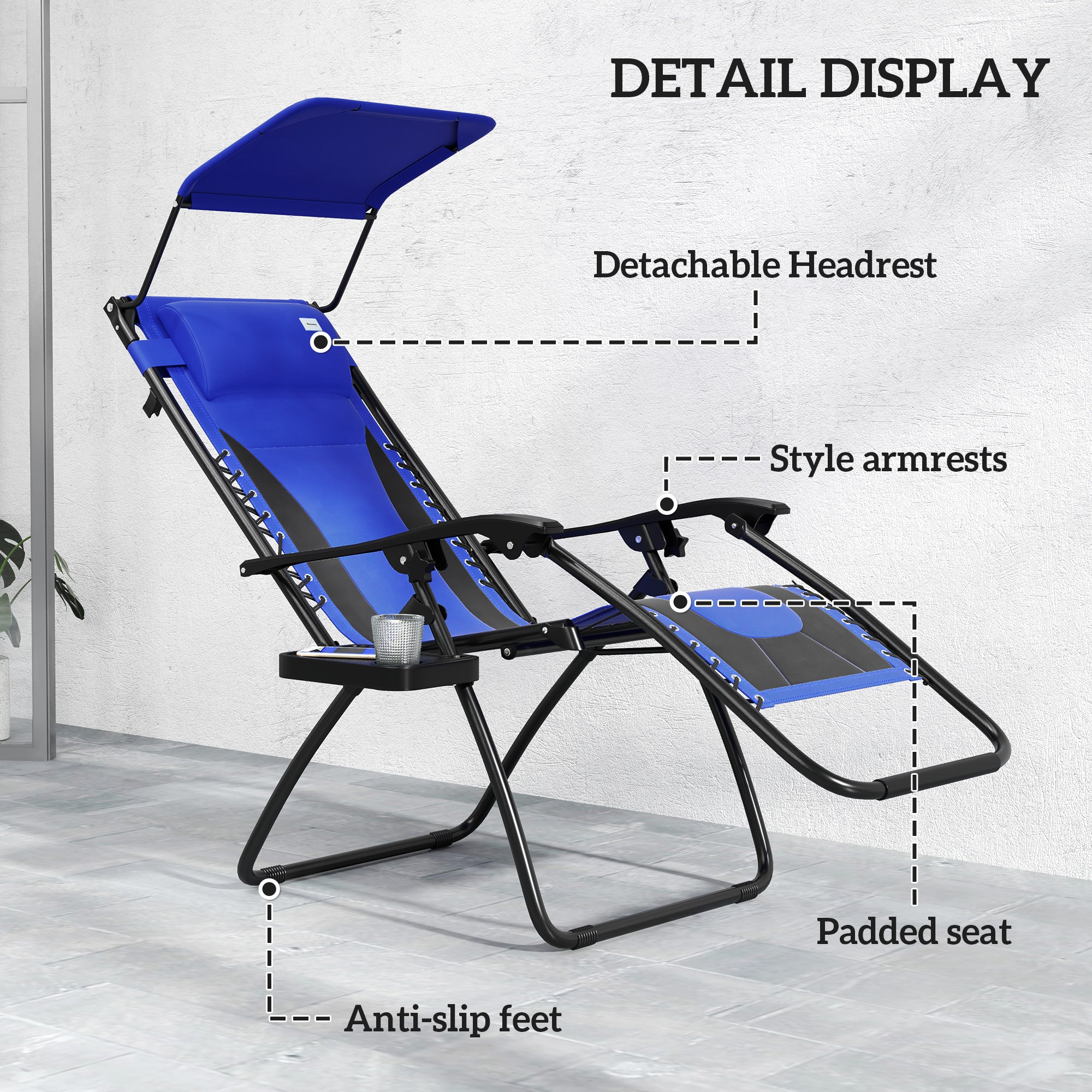Zero Gravity Lounger Chair Set of 2, Folding Reclining with Shade, Cup Holder, Blue