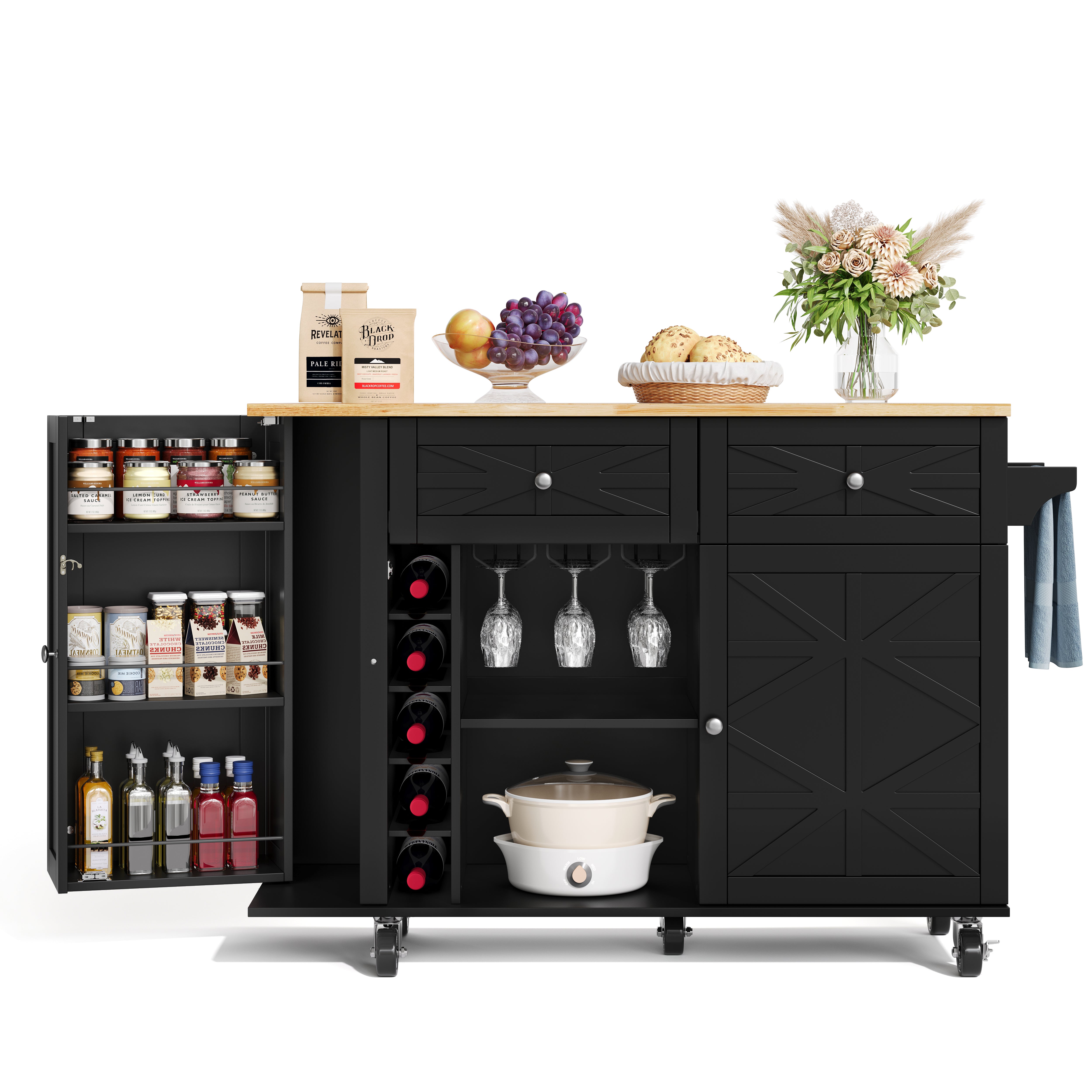 Kitchen Island Mobile Folding Worktop Wine Rack Storage - Black