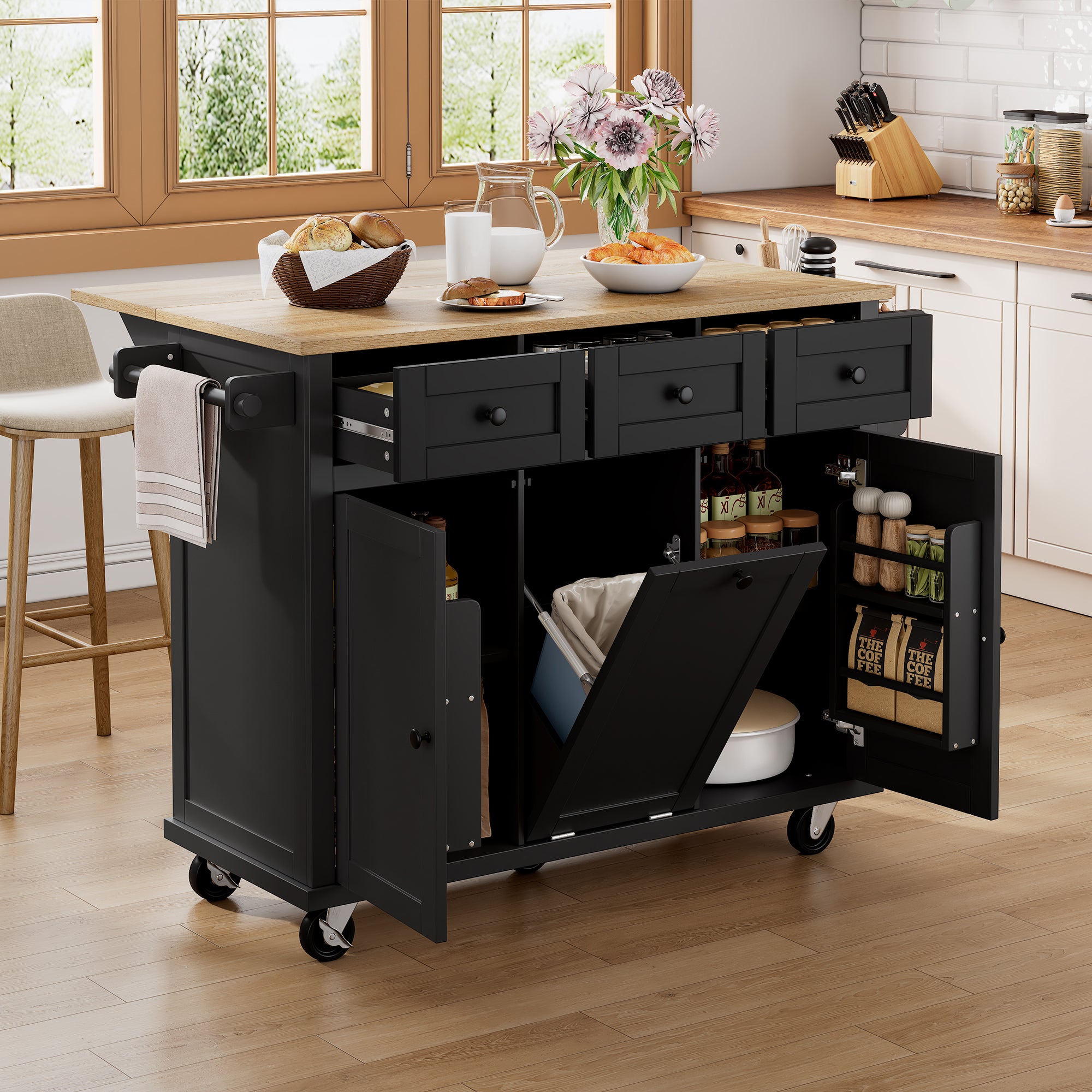 Mobile Kitchen Island Extendable Dining Area Waste Bin & Drawers - Black