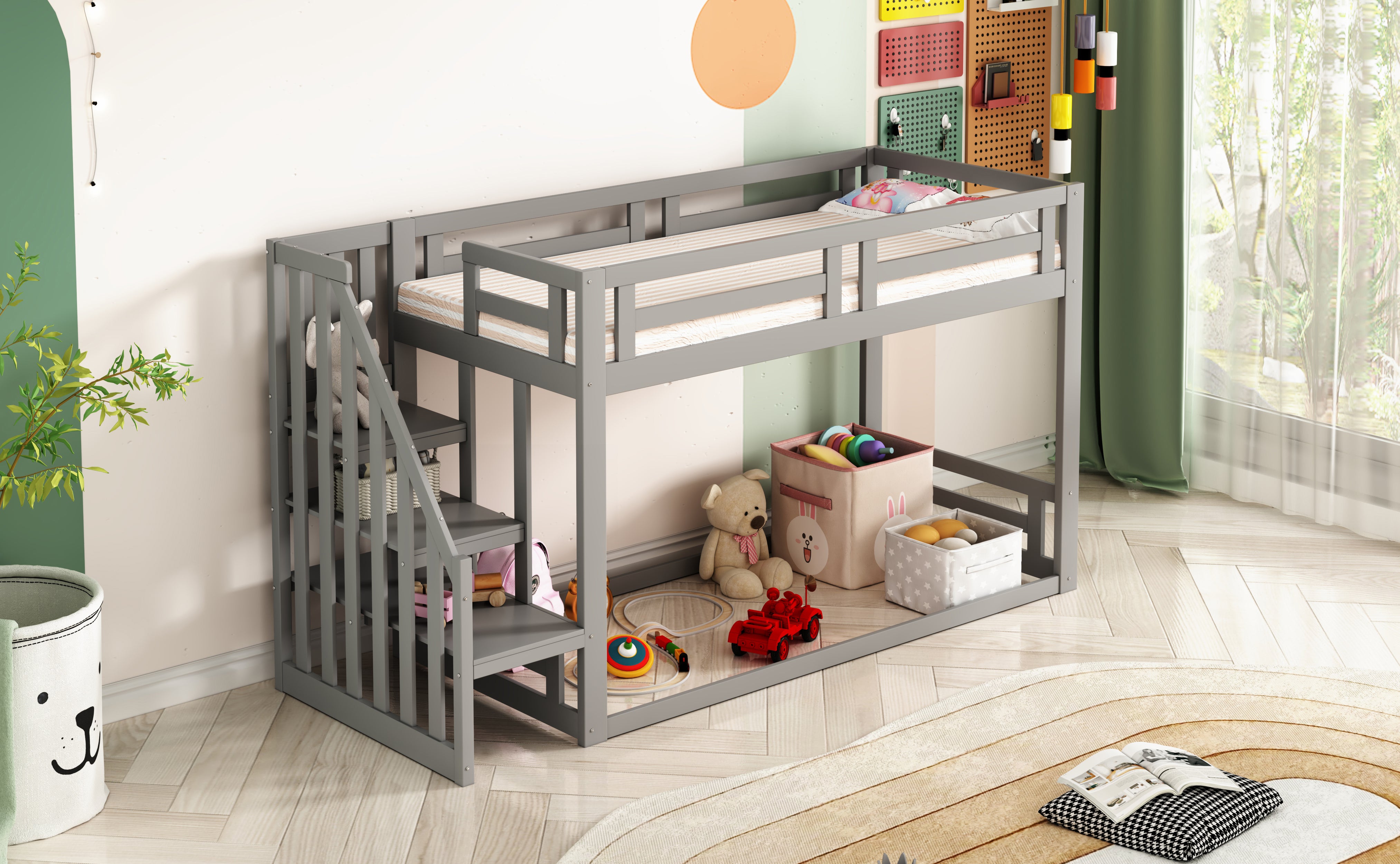Children's Bed, Low Bunk with Safety Stairs, Solid Wood Gray