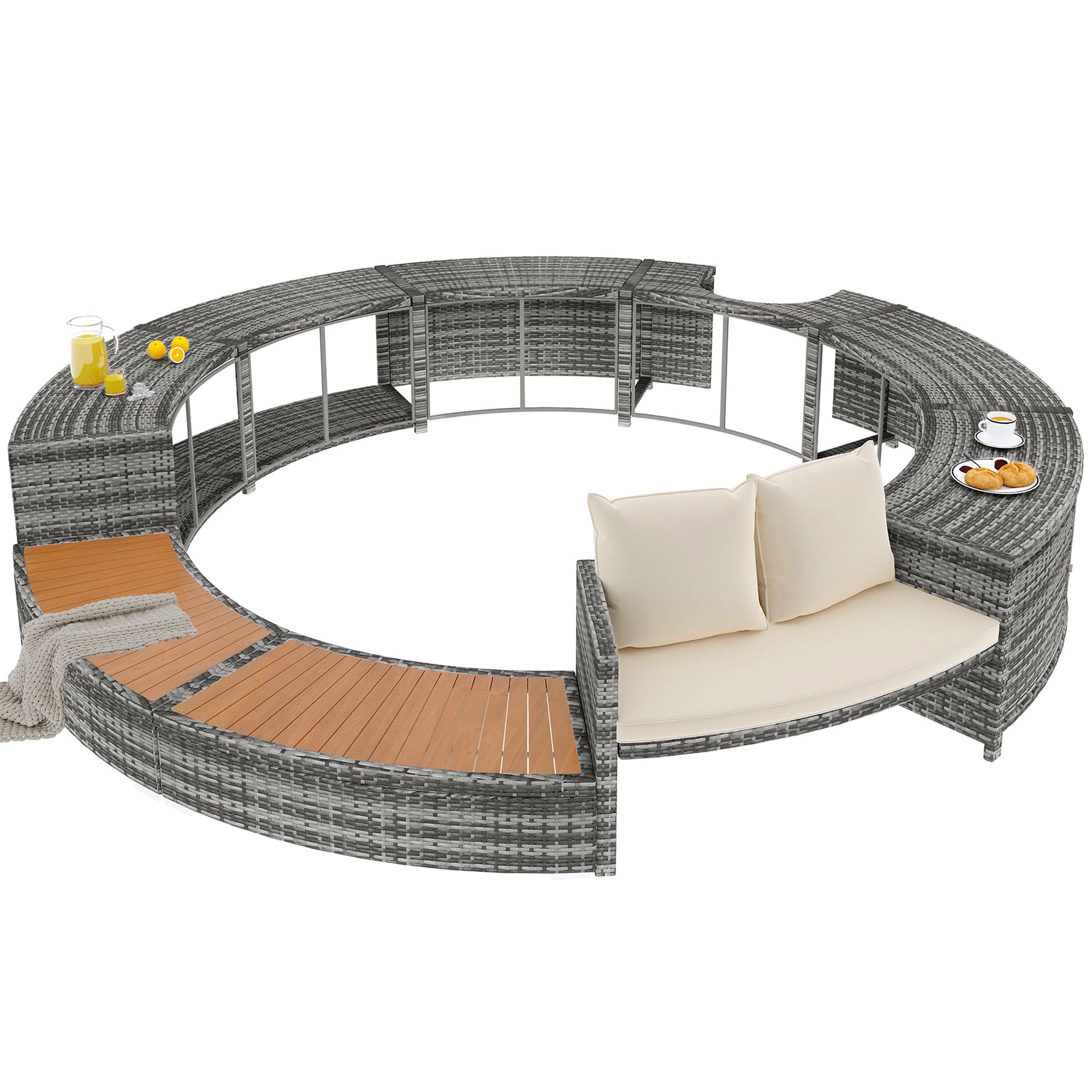 Garden Lounge Set with Round Couch, Adjustable Feet, Cushions