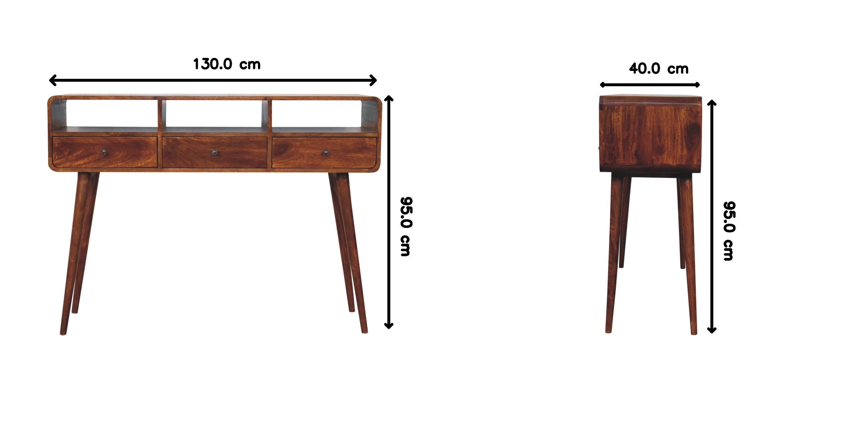 Triple Curved Console Table, Chestnut Wood