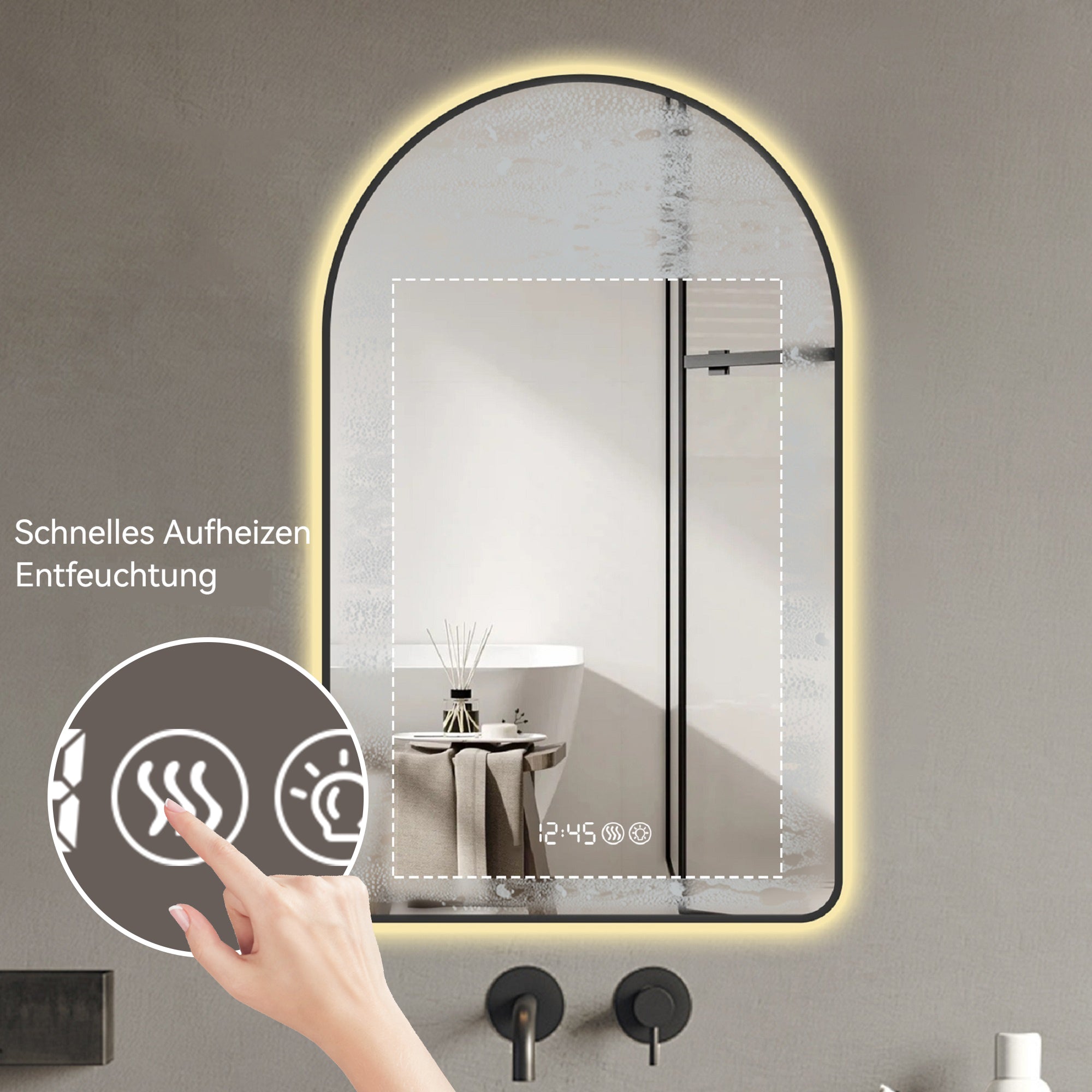 Arched LED Bathroom Mirror, 70x120cm, Anti-Fog, Dimmable, Time/Temp Display, Black Frame
