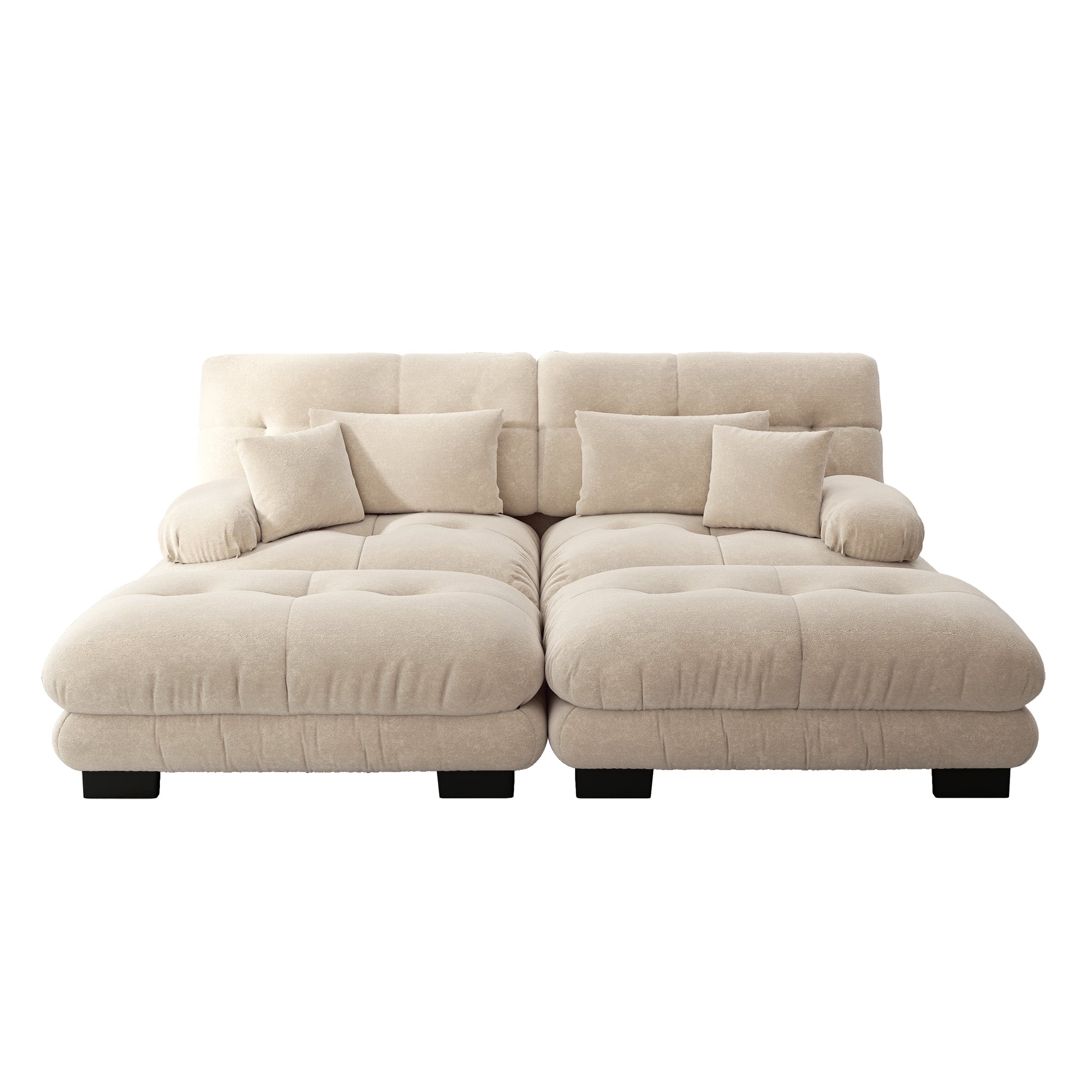 Cloud Corner Sofa, Double with Lumbar & Decorative Pillows, Ottomans, Chenille Light Brown