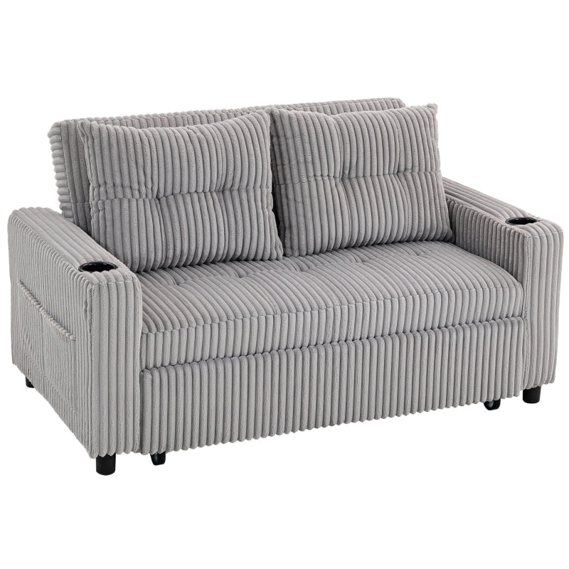 2 Seater Click Clack Sofa Bed, Pull Out Design, Light Grey Corduroy