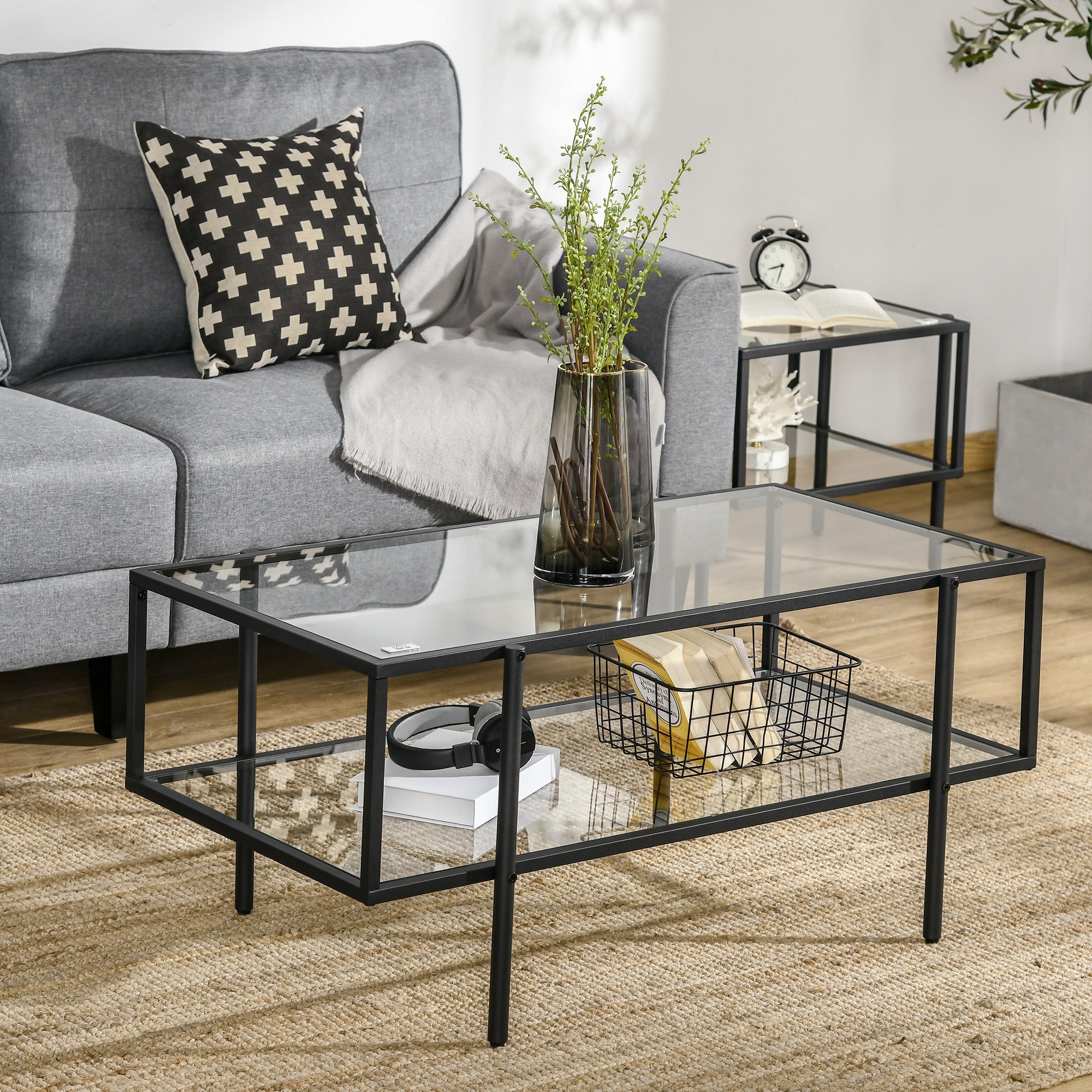 Side Table/Coffee Table 3 Shelves Black Steel Frame Glass