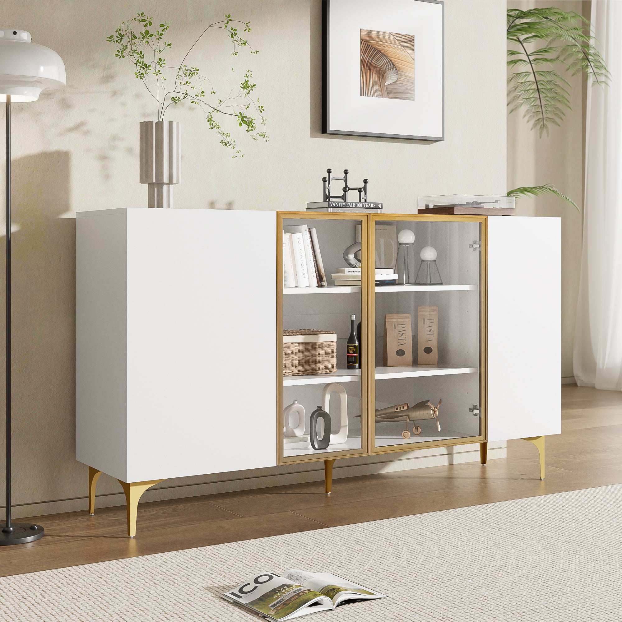 Sideboard, 4-Door with Glass & Metal, Handleless, White