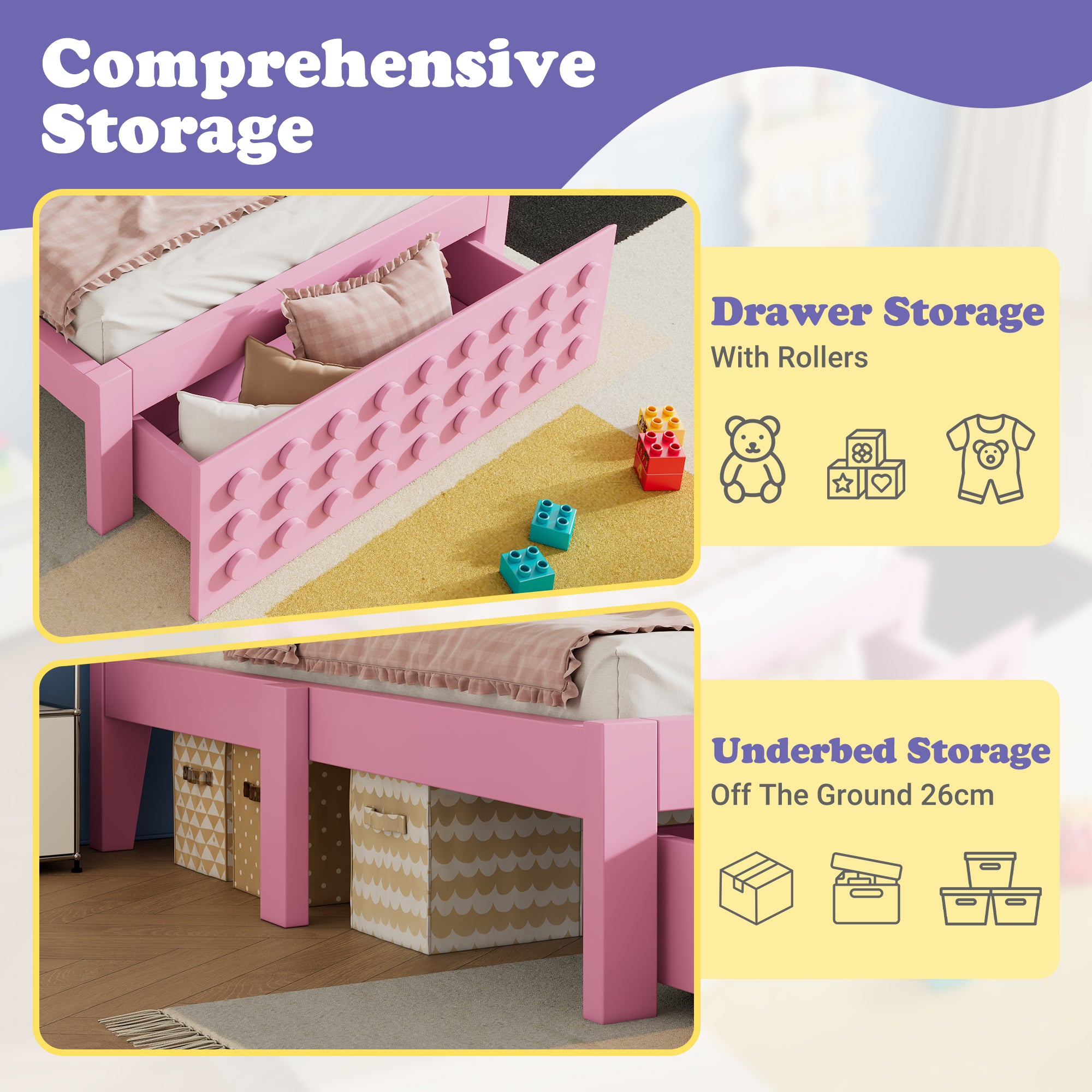 Wooden Single Bed 90x190cm Children's Creative Block Design with Drawers Pink