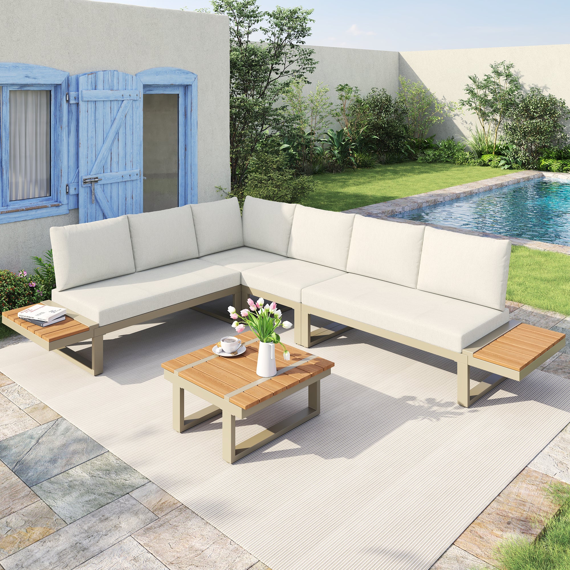 Garden Furniture Set with 2 Convertible Reclining Beds and Coffee Table, Beige