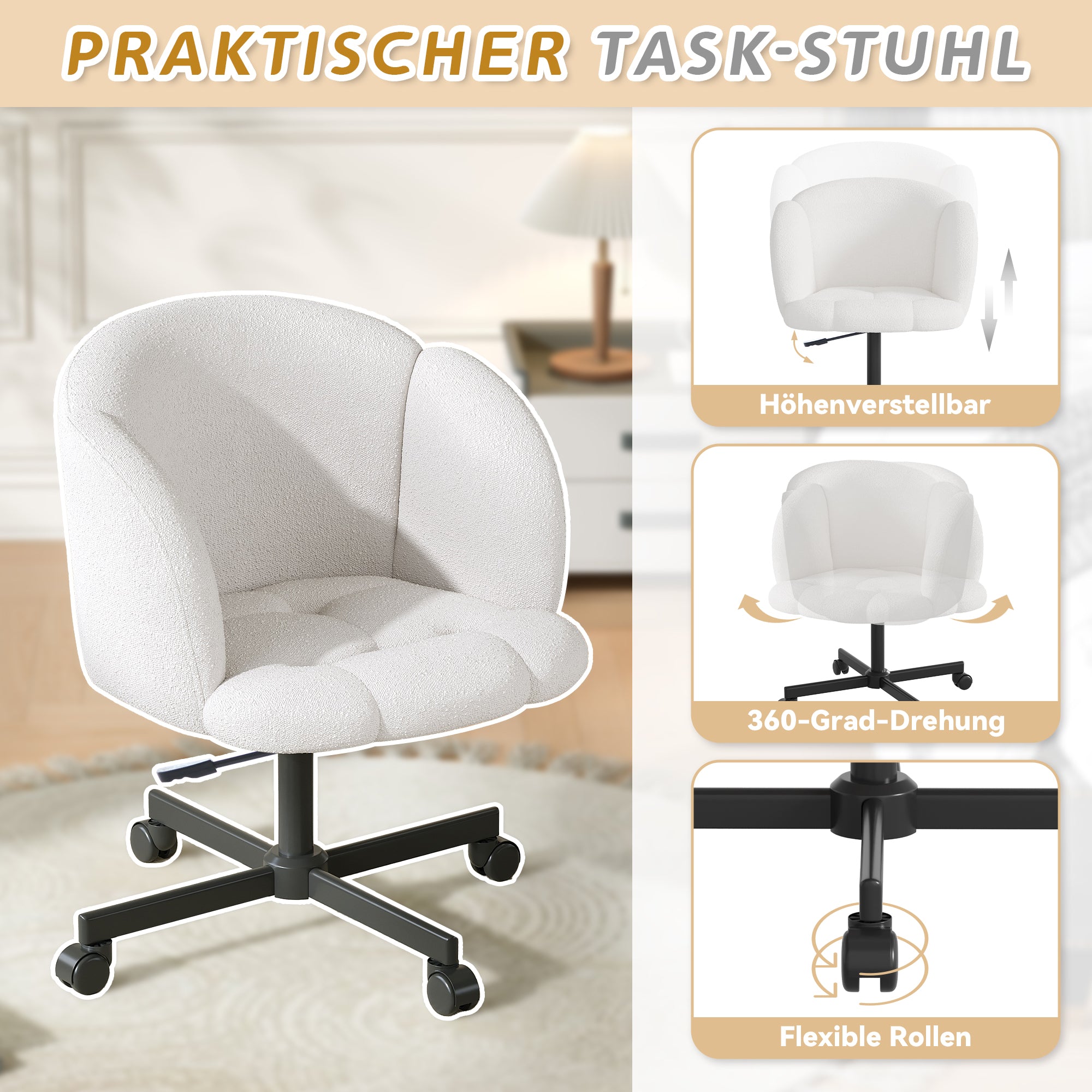 Swivel Desk Chair 360° Swivel Adjustable Height Teddy Beige